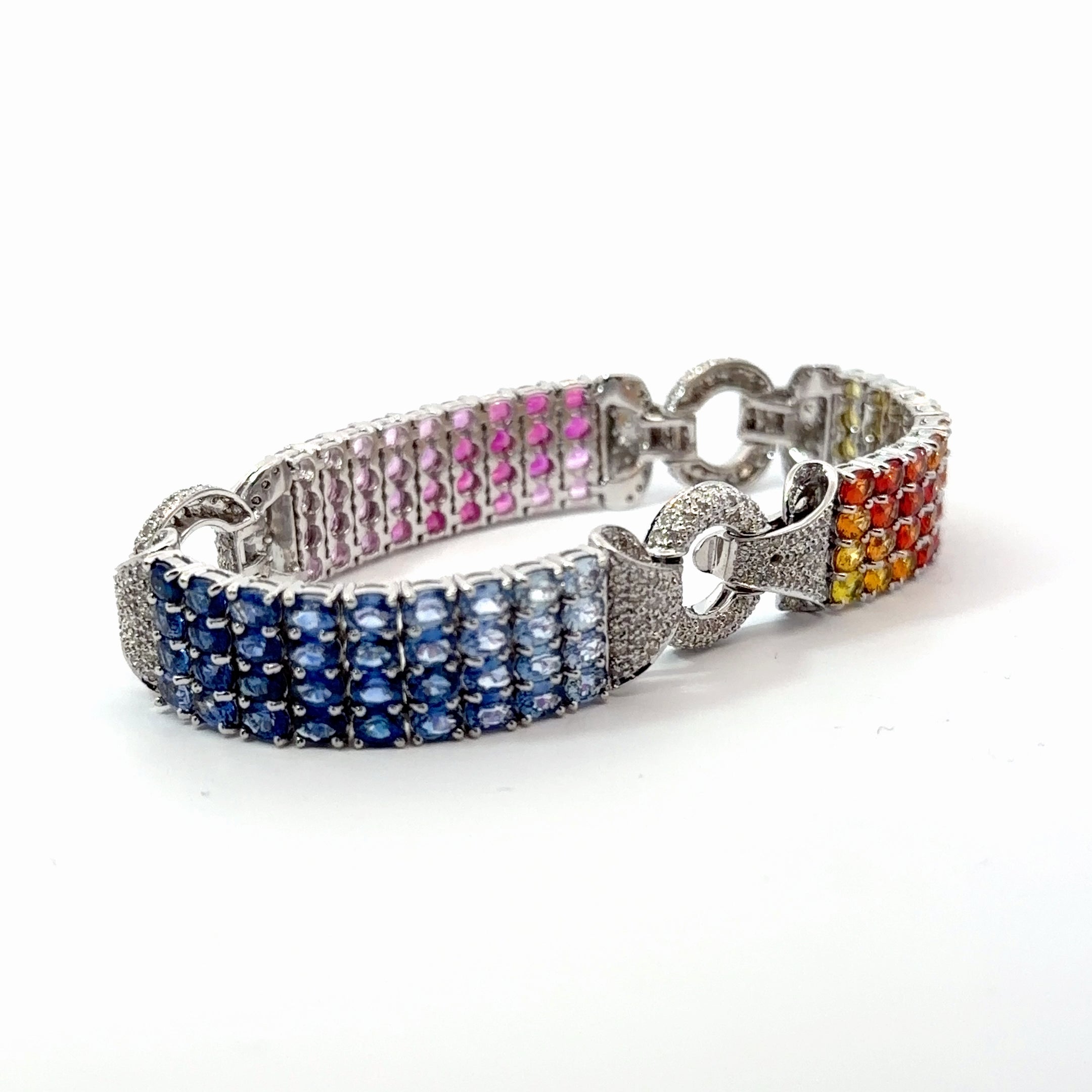 18k White Gold 19.20ct Round Multicolored Sapphire / 2.98ct I SI2 Round Diamond  Bracelet