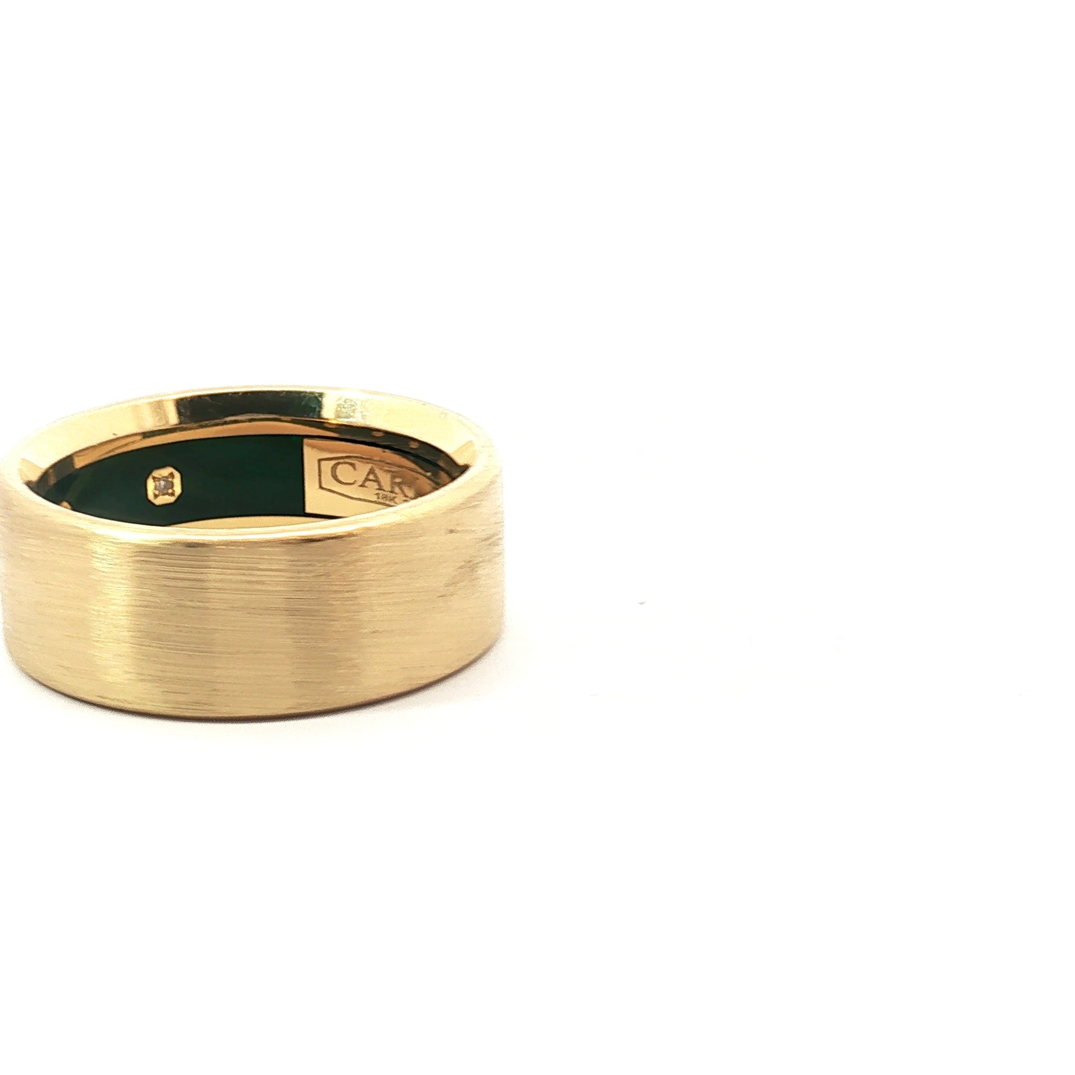 18k Yellow Gold Carlex Men Wedding Band with Green Enamel and (6) Round Diamond Inside the Ring