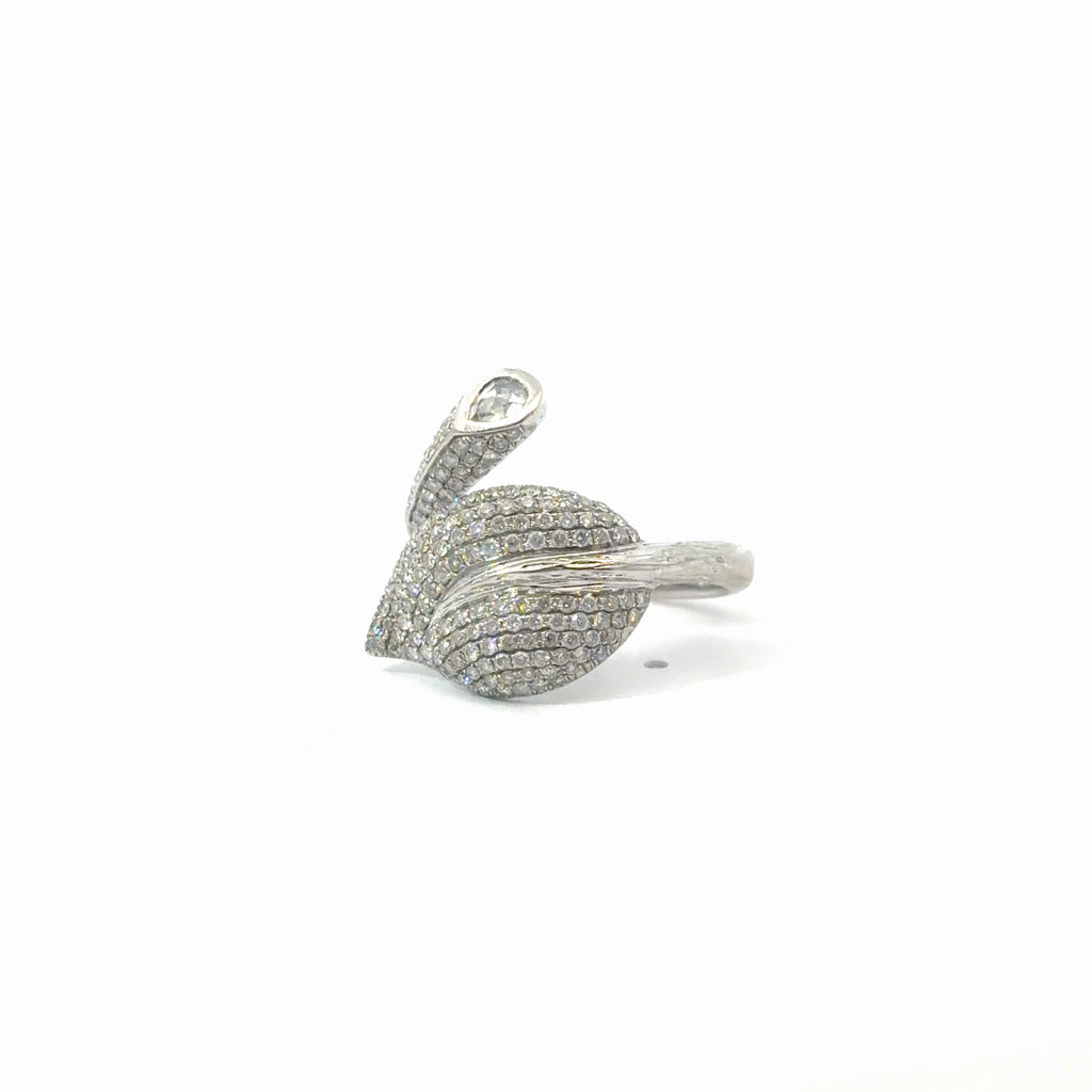 18k White Gold 1.00ct G VS2 Round Micro Pave Diamond / .20ct Rose Cut Pear Shape Diamond Leaf Ring  Size 7 3/4