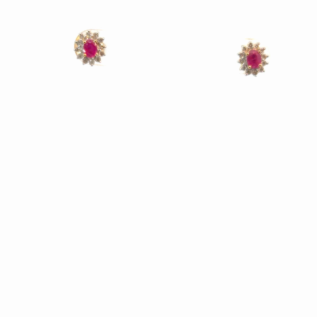 14k Yellow Gold .50ct Oval Ruby AA/.25ct Round Diamond Stud Earrings