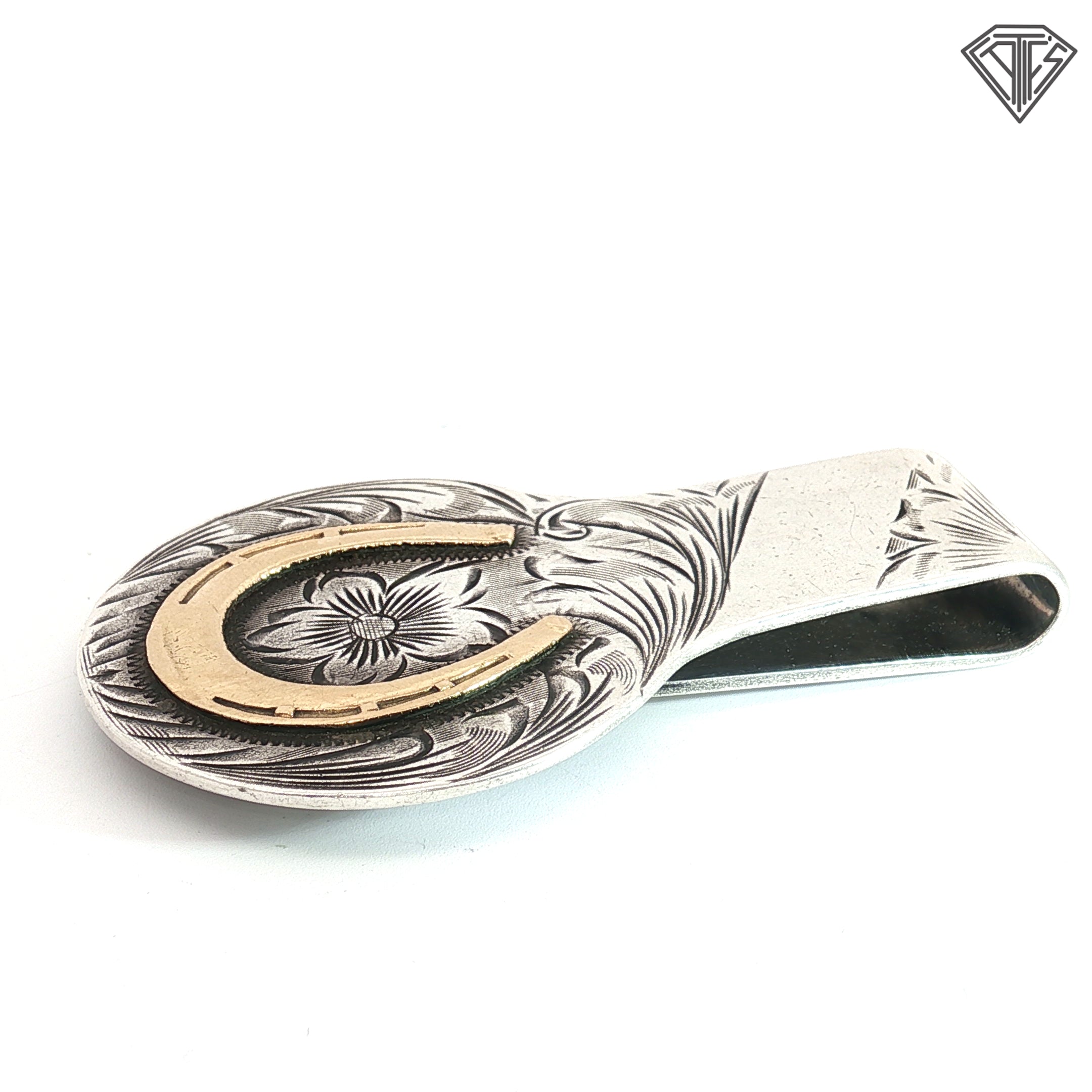Vintage Silver Money Clip with Hand Engraved Western Floral Scroll-Work and Gold Horseshoe
