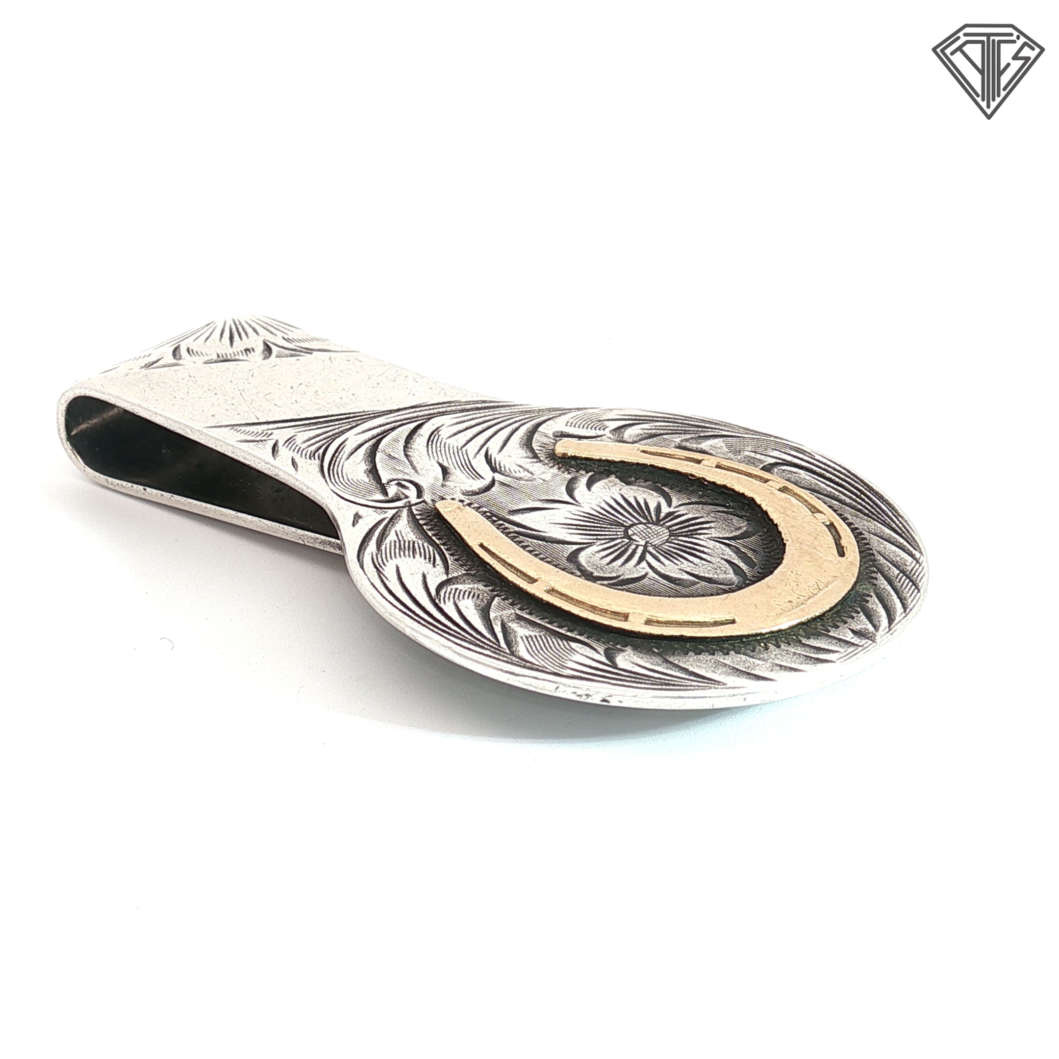 Vintage Silver Money Clip with Hand Engraved Western Floral Scroll-Work and Gold Horseshoe