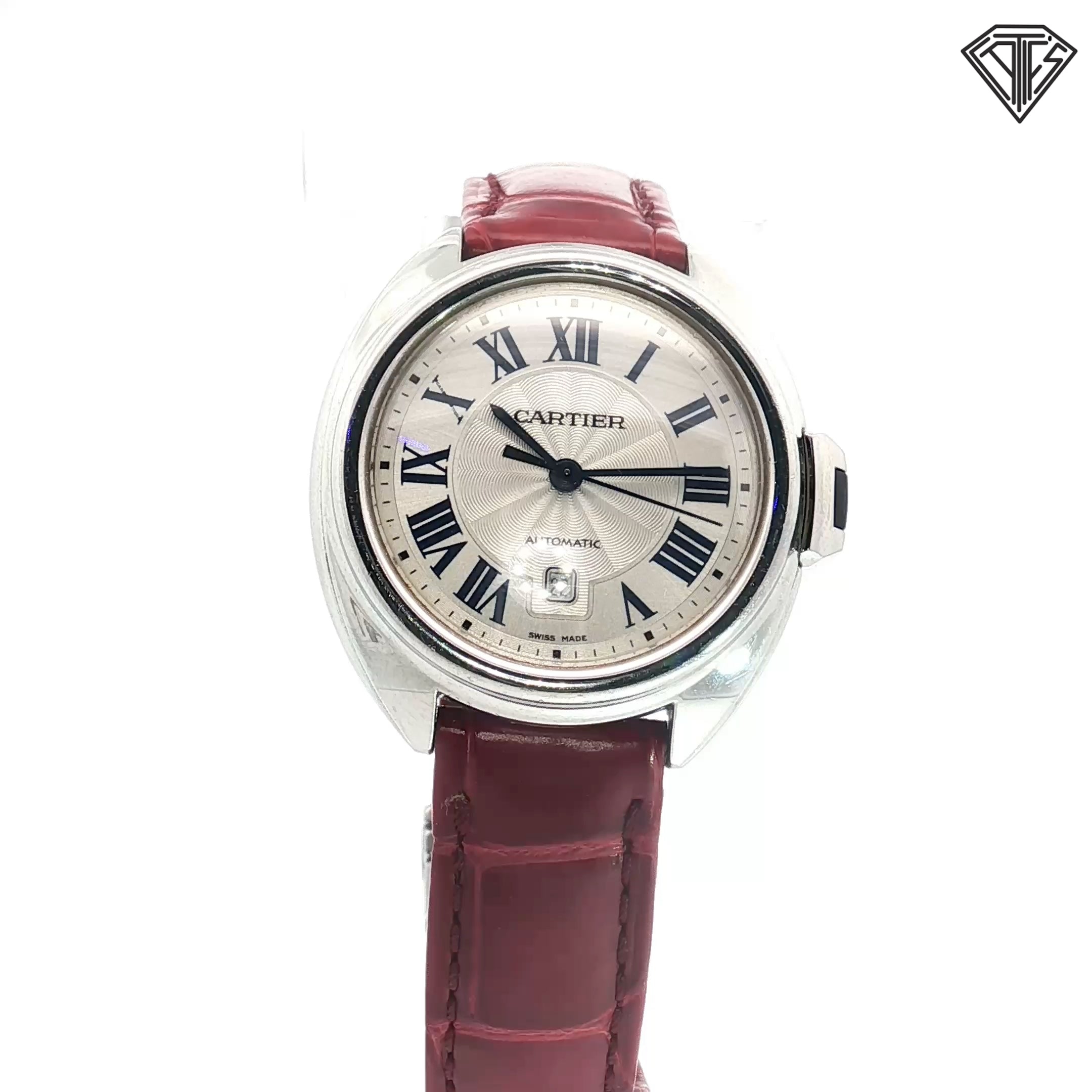 Pre-owned Cartier Cie De Cartier with Blue Sapphire Crown Dial is Silver /31mm /Red Leather Band/ Automatic