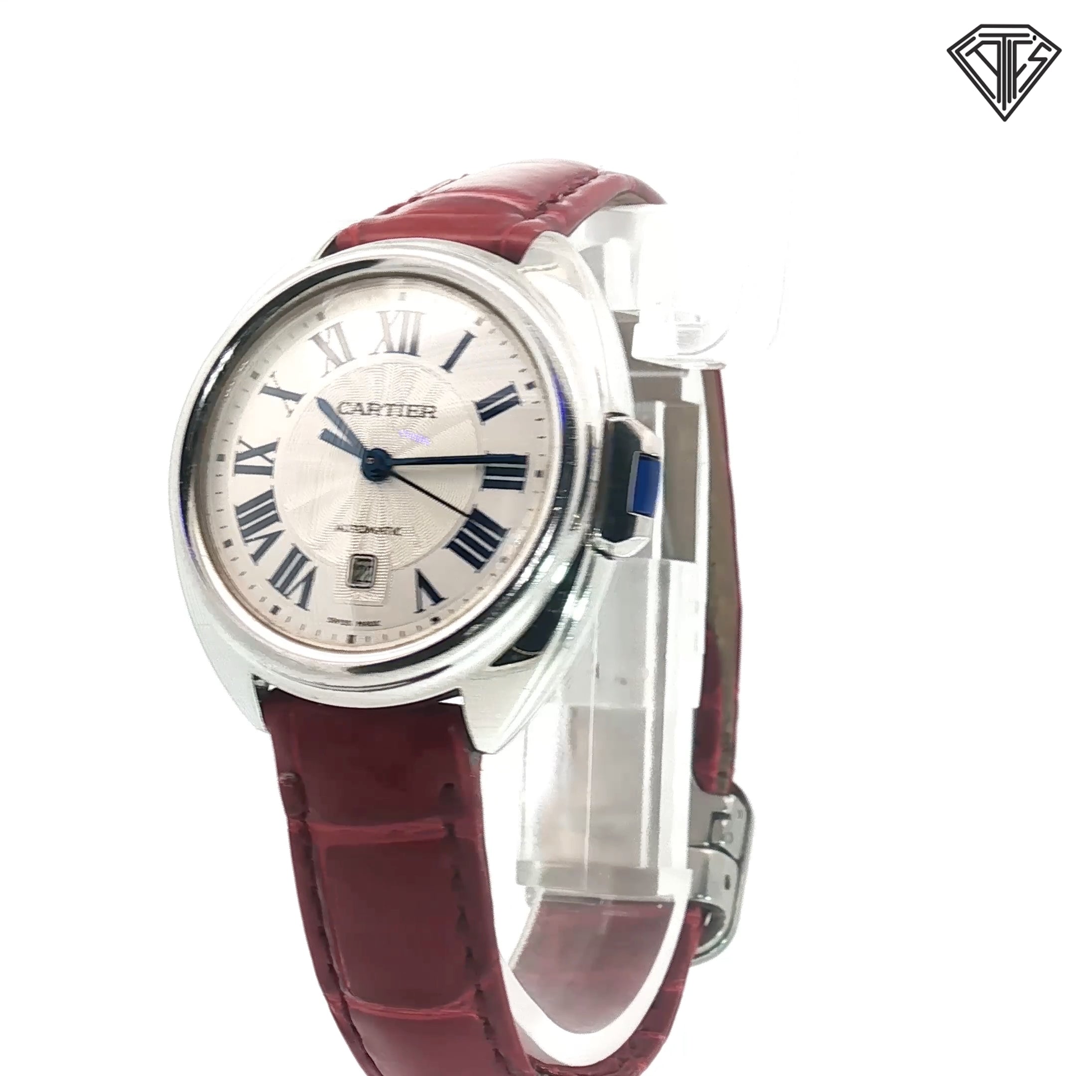Pre-owned Cartier Cie De Cartier with Blue Sapphire Crown Dial is Silver /31mm /Red Leather Band/ Automatic