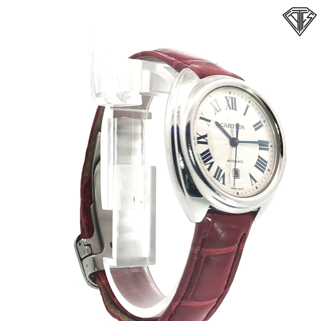 Pre-owned Cartier Cie De Cartier with Blue Sapphire Crown Dial is Silver /31mm /Red Leather Band/ Automatic