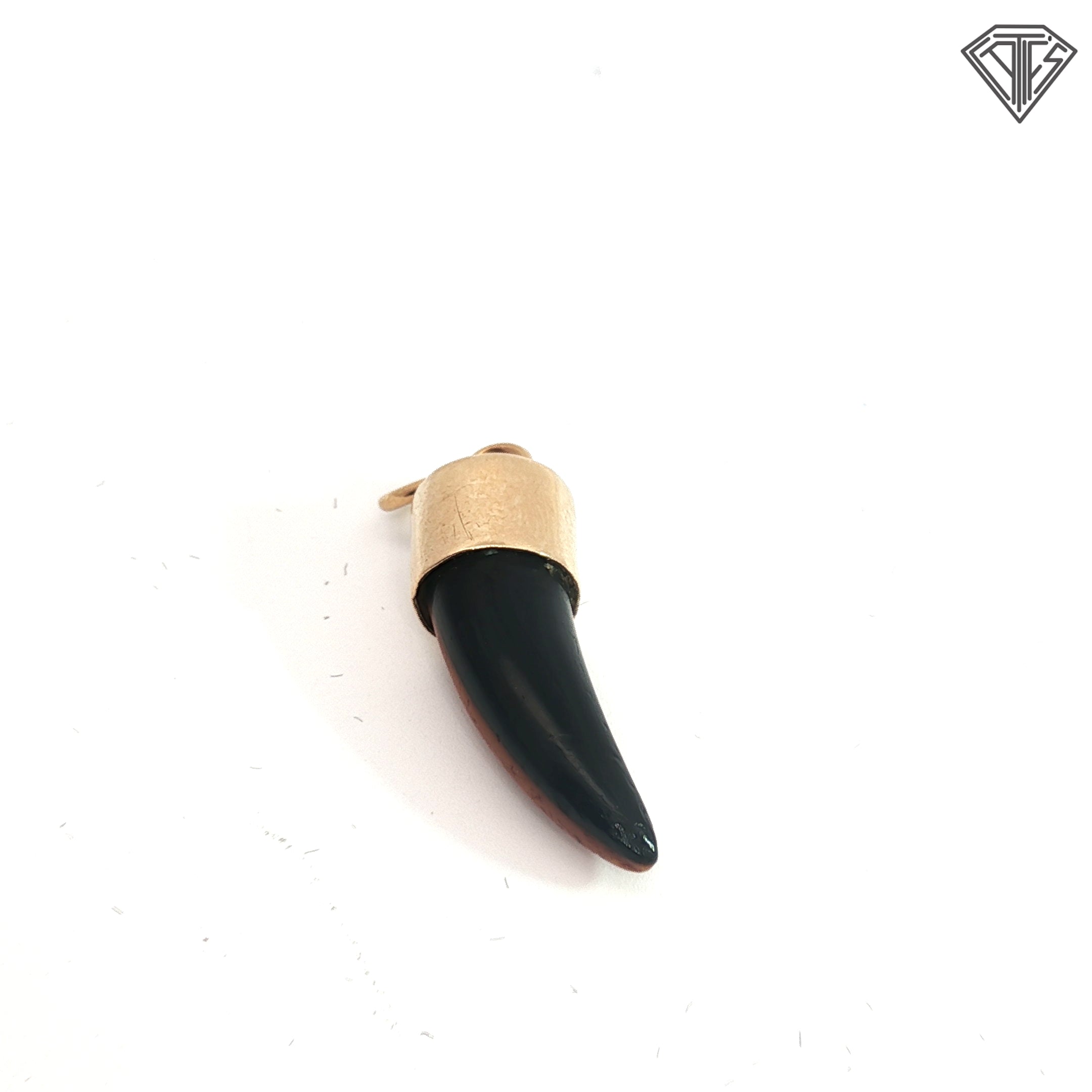 14k Yellow Gold Tiger Eye and Onyx Fang Pendant 1/2" in