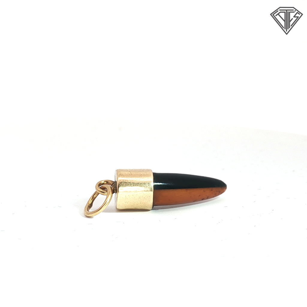 14k Yellow Gold Tiger Eye and Onyx Fang Pendant 1/2" in