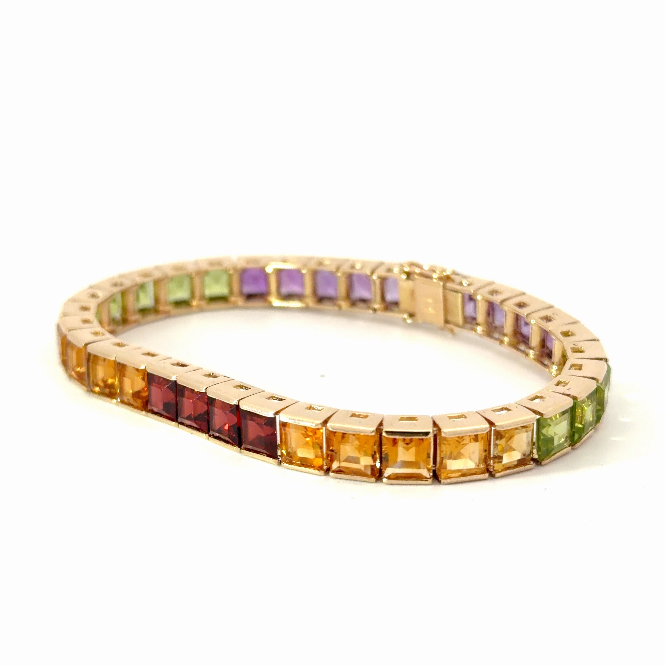 14k Yellow Gold 22.5 gram Princess Cut Multi-Colored Bar Set Semi-Precious Bracelet  5.5mm 6 1/2 "in.