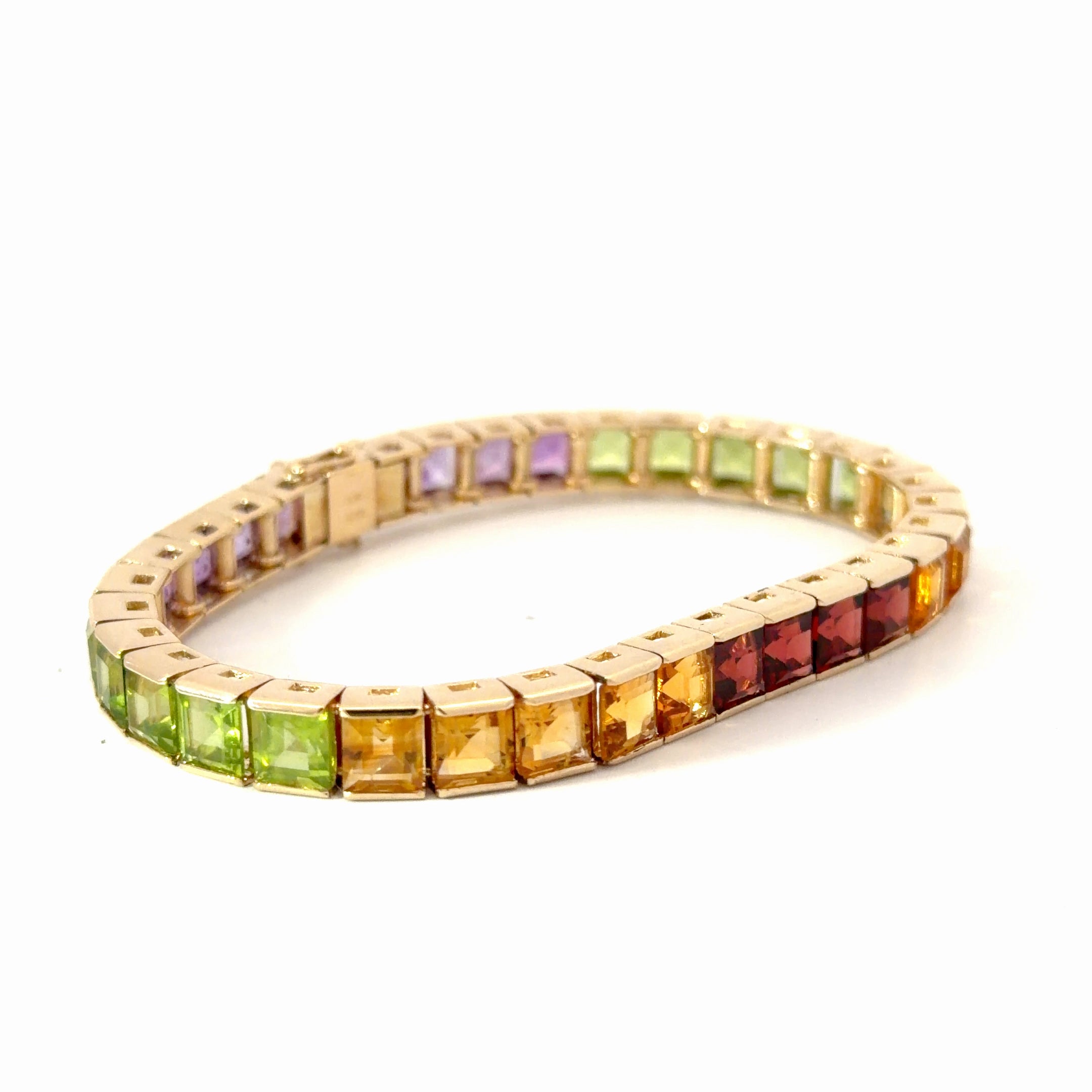 14k Yellow Gold 22.5 gram Princess Cut Multi-Colored Bar Set Semi-Precious Bracelet  5.5mm 6 1/2 "in.