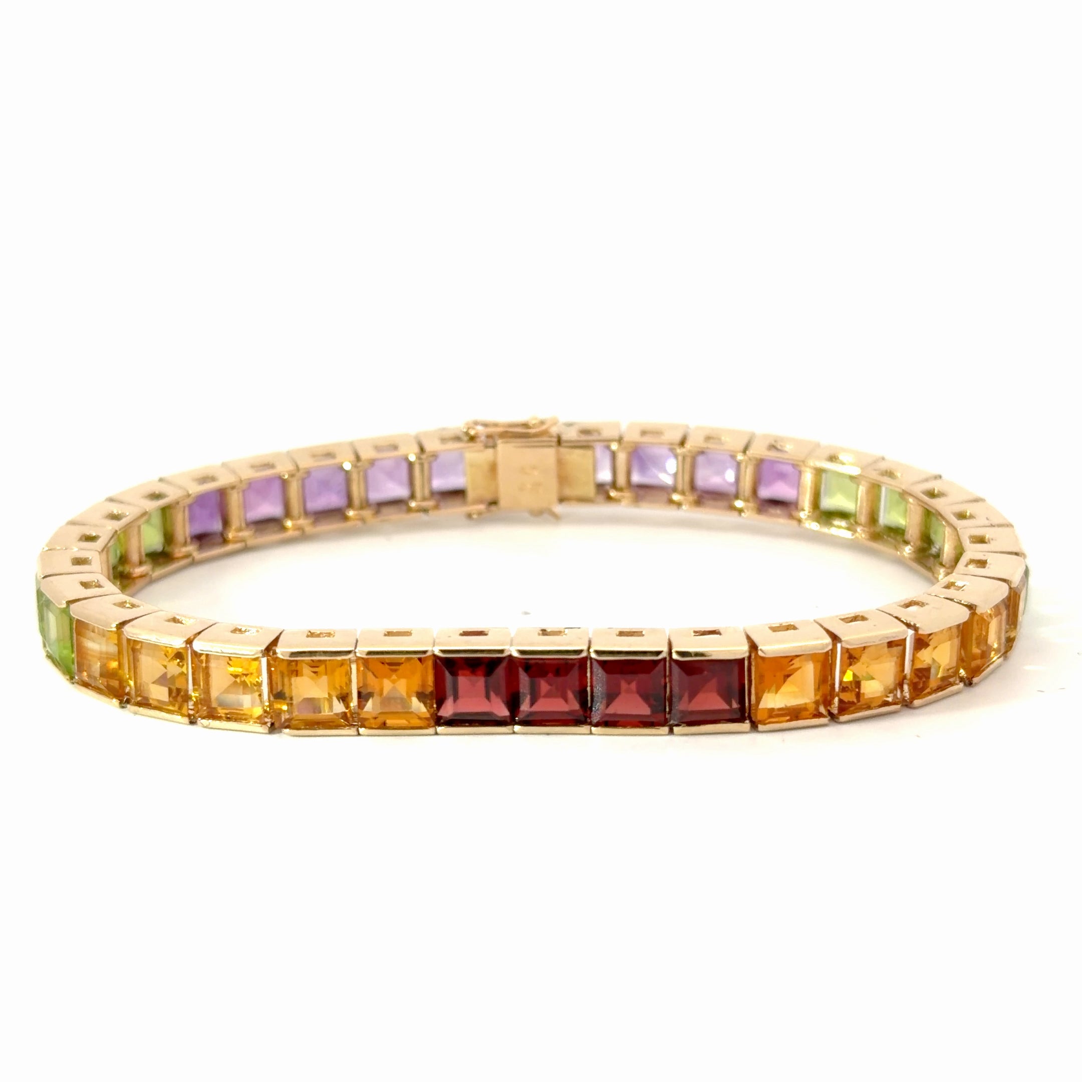 14k Yellow Gold 22.5 gram Princess Cut Multi-Colored Bar Set Semi-Precious Bracelet  5.5mm 6 1/2 "in.