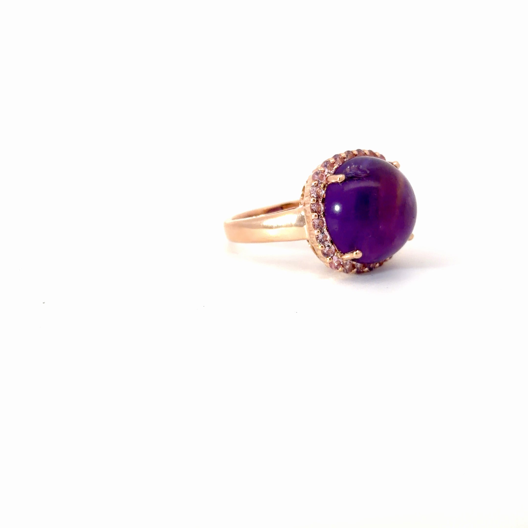 14k Rose Gold 9.00ct Cabochon Amethyst / 1.00ct Round Pink Sapphire Ring Size 7 3/4