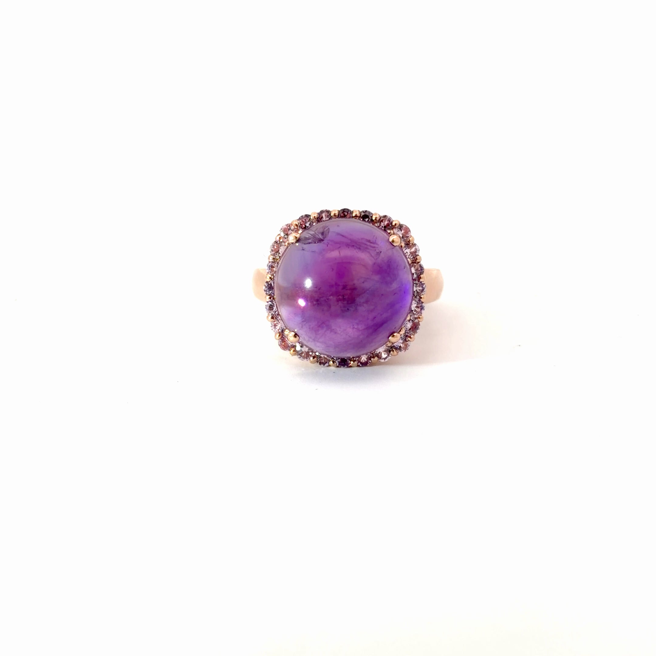 14k Rose Gold 9.00ct Cabochon Amethyst / 1.00ct Round Pink Sapphire Ring Size 7 3/4