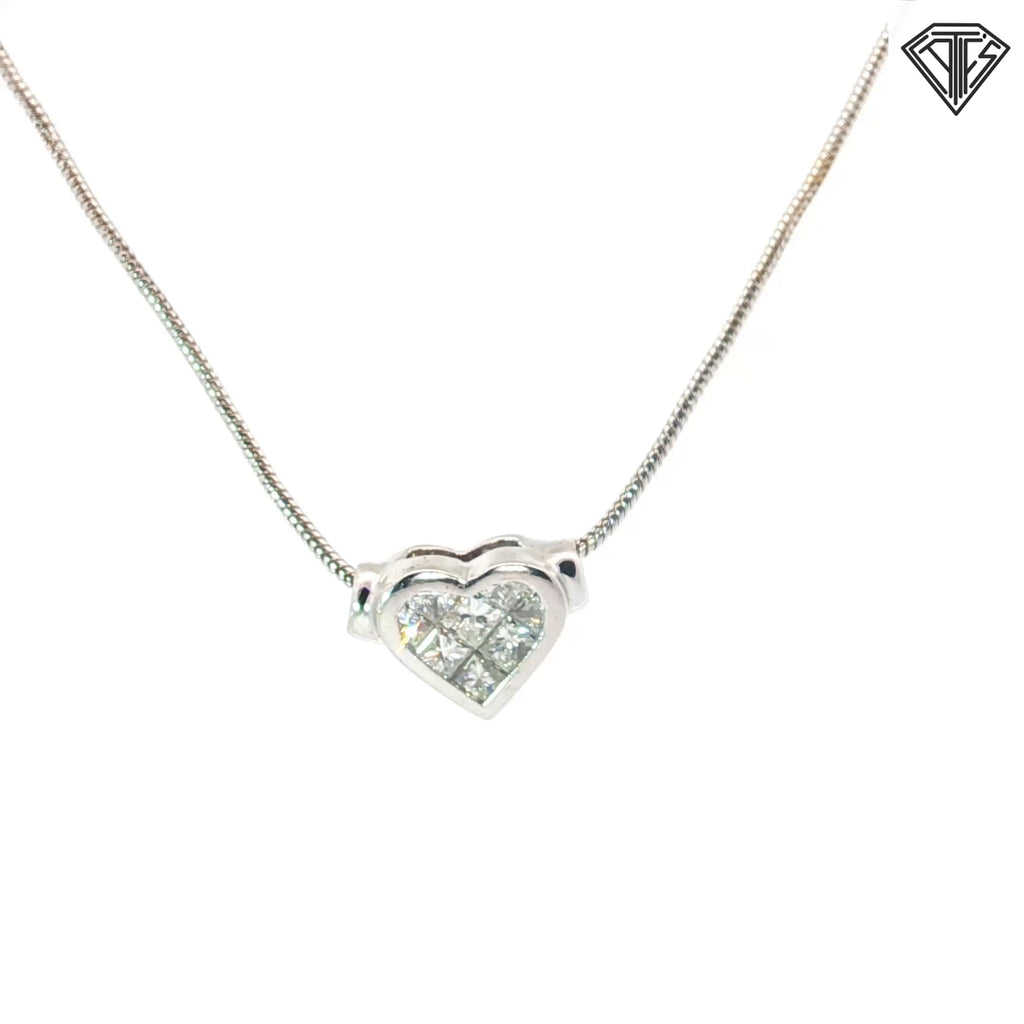 14k White Gold .35ct F VS2 Princess Cut Diamond Invisible Set Heart Pendant