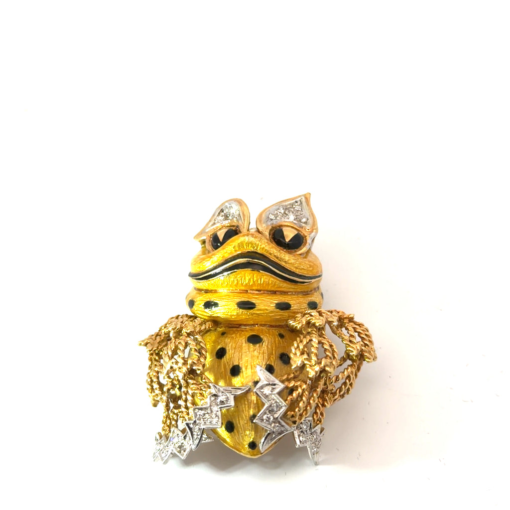 18k Yellow Gold Animalier Frog Brooch, executed with hand-Textured gold, Diamond accents, Black Enamel detailing and articulated Rope-Chain Arms, Circa 1970's-1980's