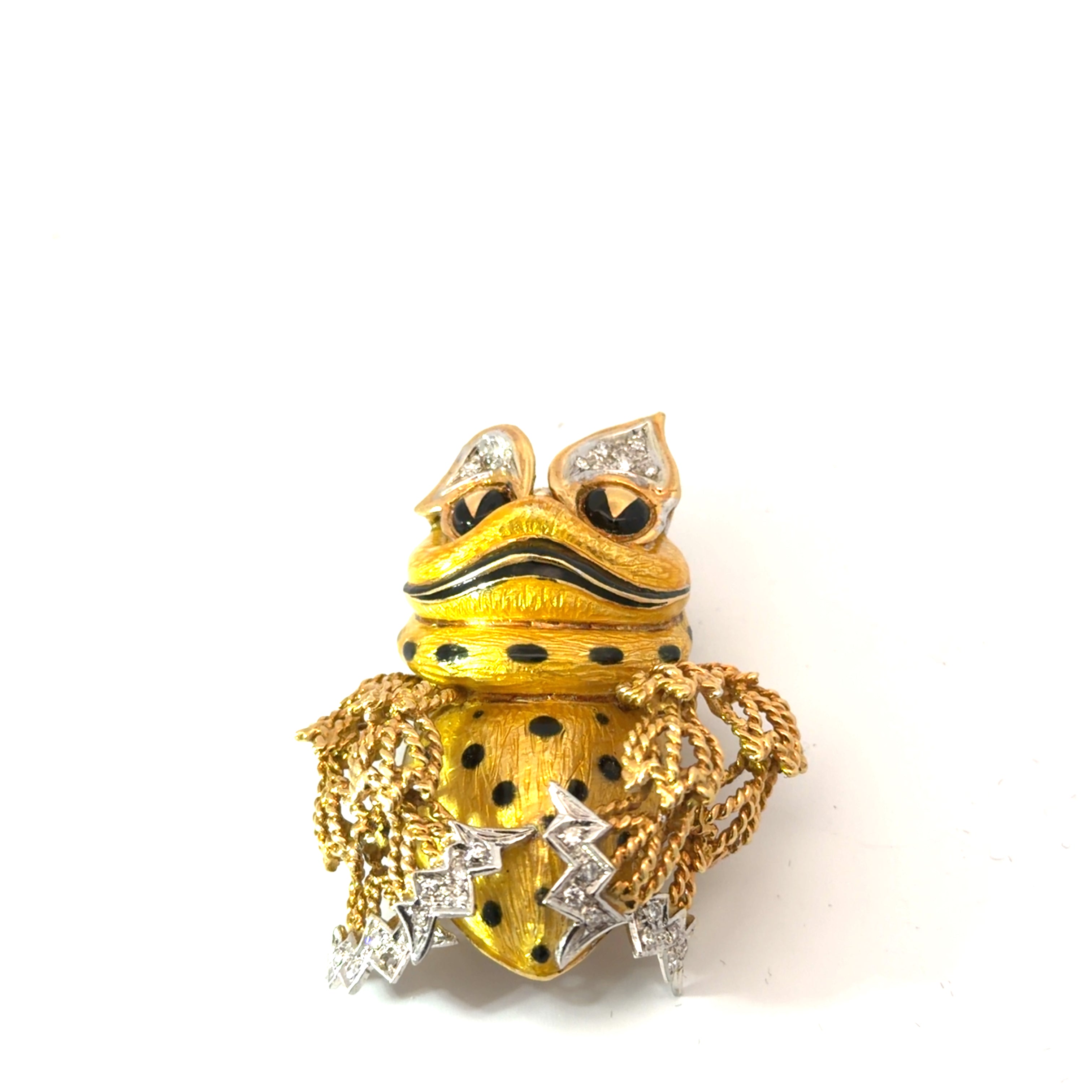18k Yellow Gold Animalier Frog Brooch, executed with hand-Textured gold, Diamond accents, Black Enamel detailing and articulated Rope-Chain Arms, Circa 1970's-1980's