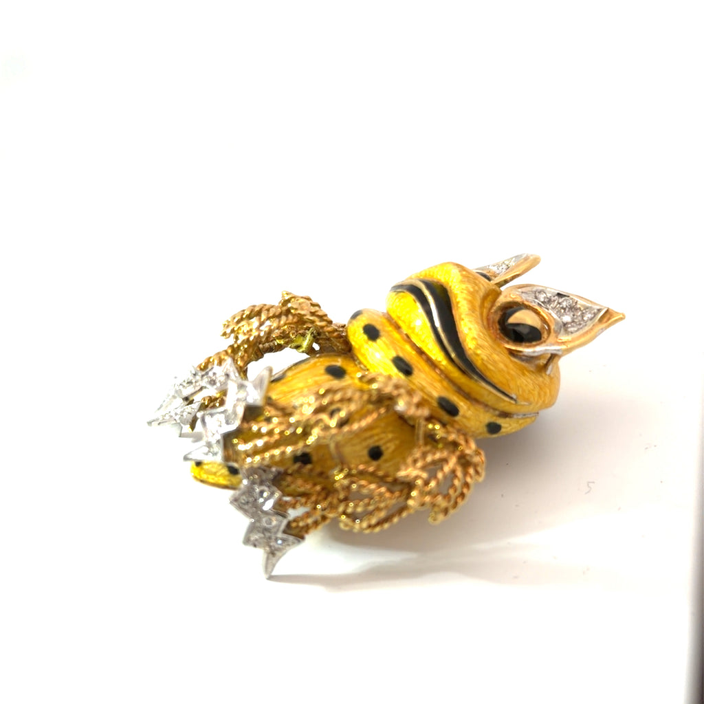 18k Yellow Gold Animalier Frog Brooch, executed with hand-Textured gold, Diamond accents, Black Enamel detailing and articulated Rope-Chain Arms, Circa 1970's-1980's