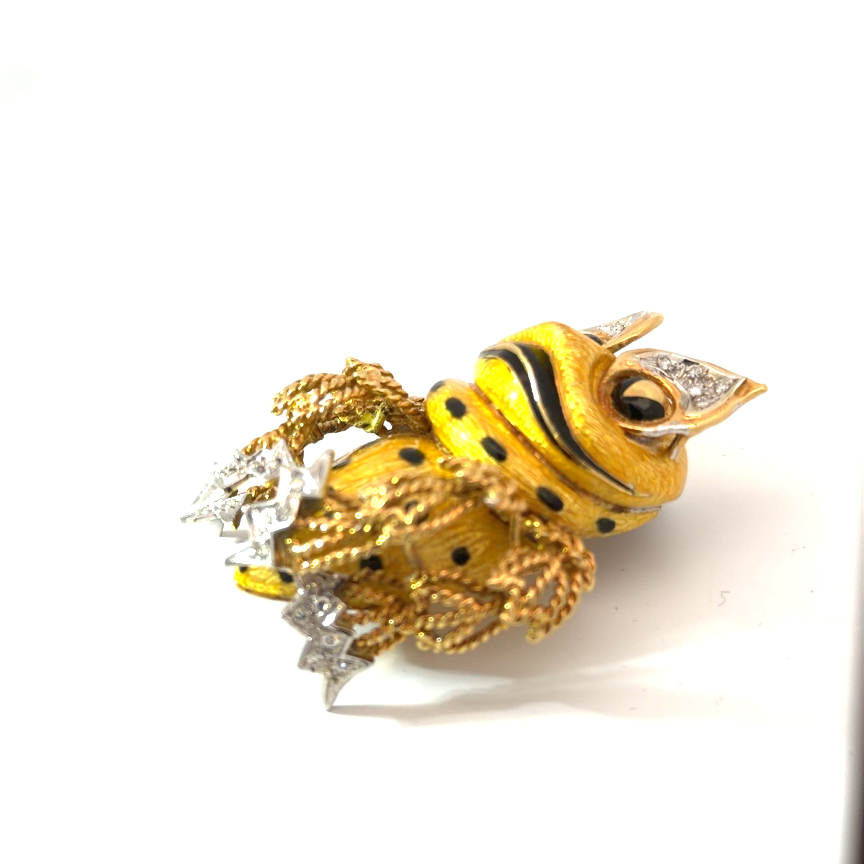 18k Yellow Gold Animalier Frog Brooch, executed with hand-Textured gold, Diamond accents, Black Enamel detailing and articulated Rope-Chain Arms, Circa 1970's-1980's