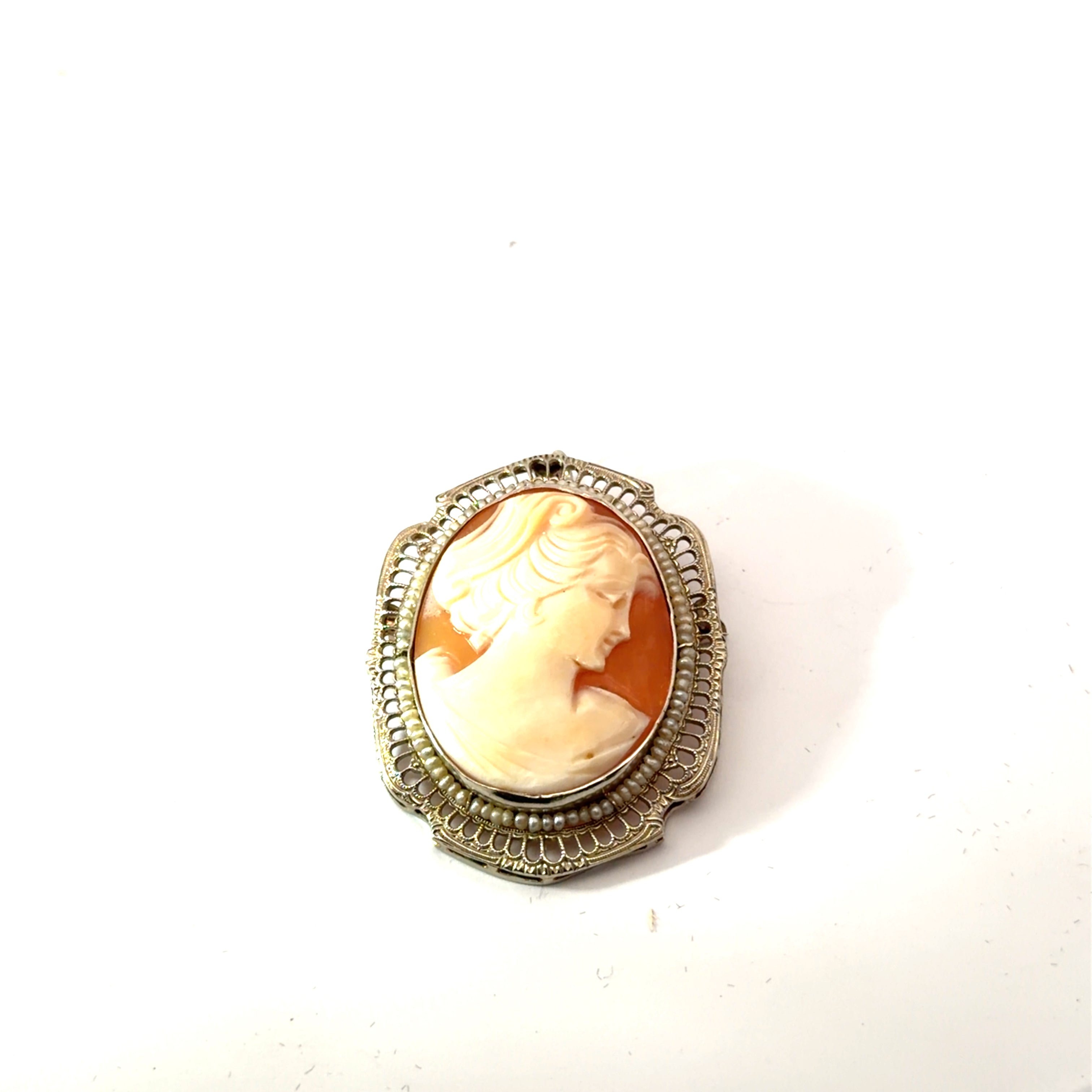 14k White Gold Vintage Hand-Carved Shell Cameo Brooch Pendant
