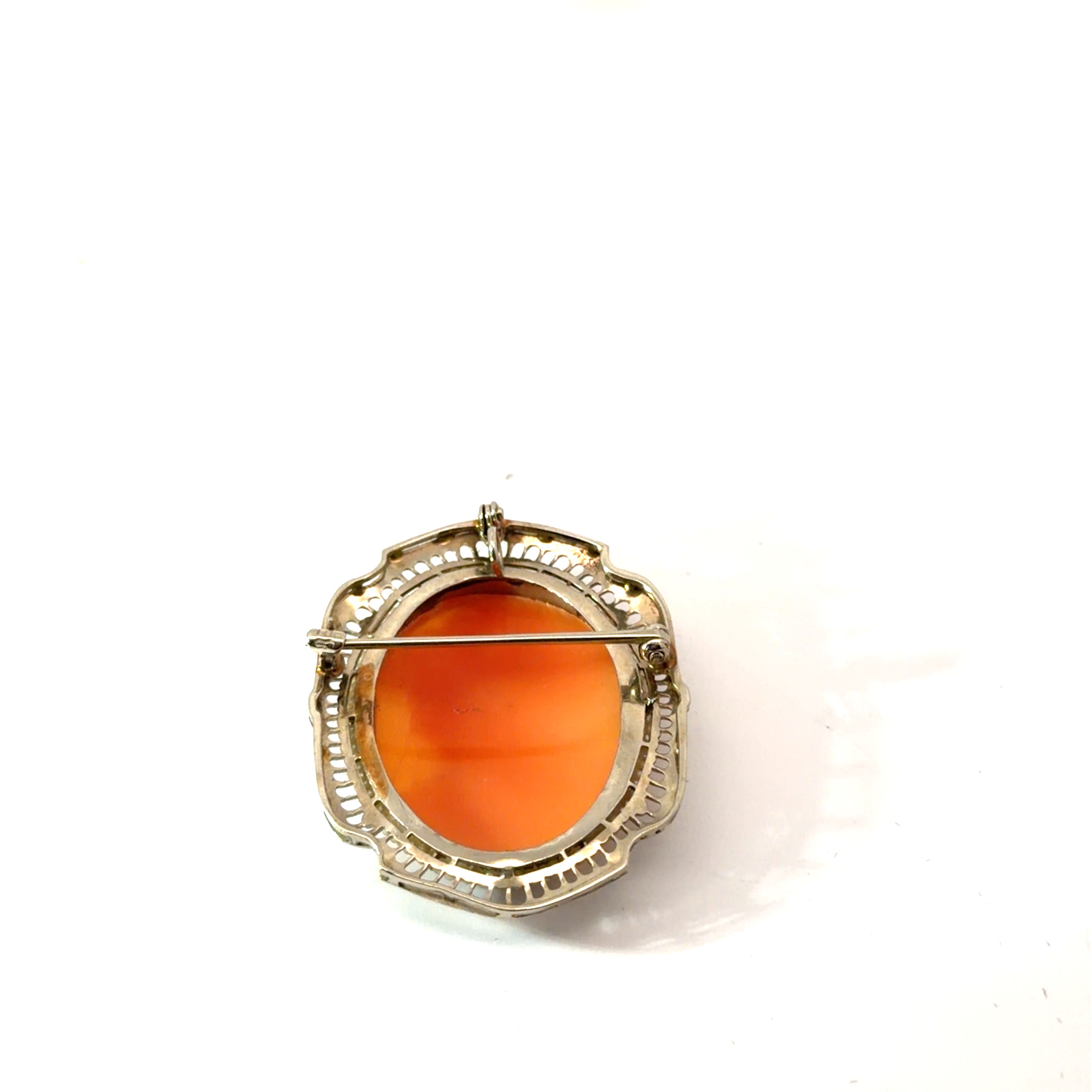 14k White Gold Vintage Hand-Carved Shell Cameo Brooch Pendant