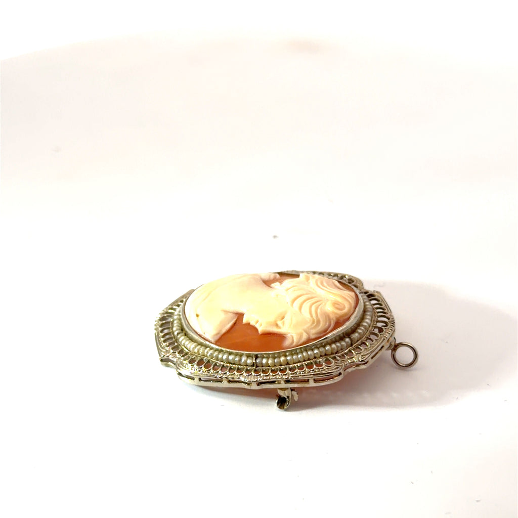 14k White Gold Vintage Hand-Carved Shell Cameo Brooch Pendant