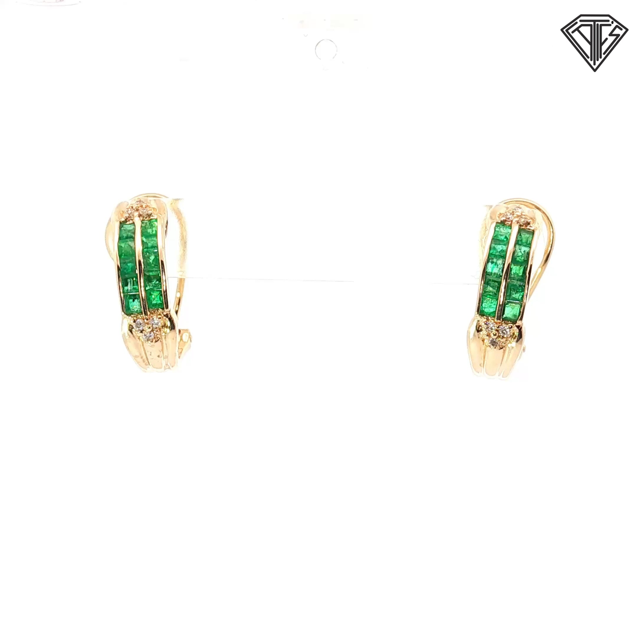 14k Yellow Gold .75ct Princess Cut Emerald/ .10ct G SI1 Round Diamond Huggie Earrings