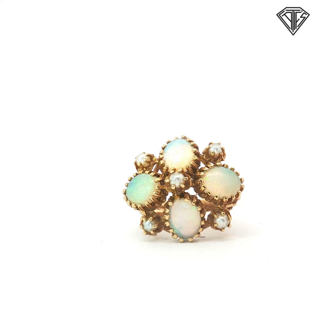 14k Yellow Gold Opal (4)Oval Shape / (5) Seed Pearl Cluster Ring Size 6.5