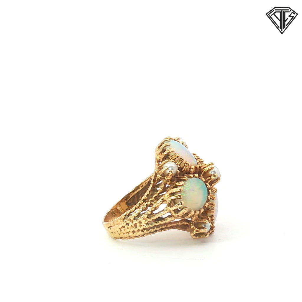 14k Yellow Gold Opal (4)Oval Shape / (5) Seed Pearl Cluster Ring Size 6.5