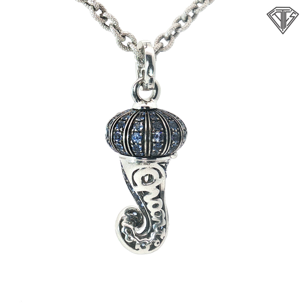 18k White Gold Round Sapphire and Round Diamond Shell Form Pomander Italian Pendant Necklace 1059 NA, Naples