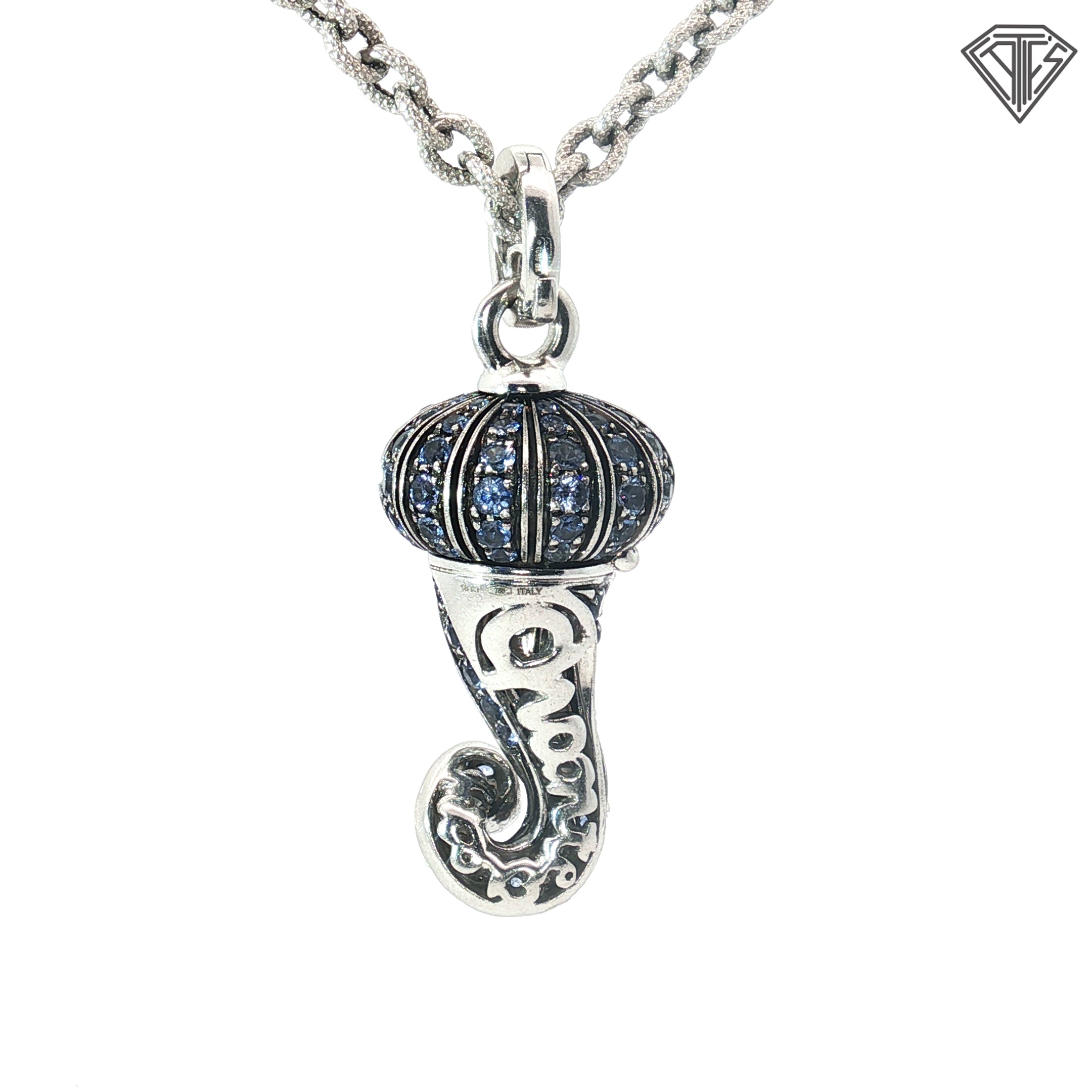 18k White Gold Round Sapphire and Round Diamond Shell Form Pomander Italian Pendant Necklace 1059 NA, Naples