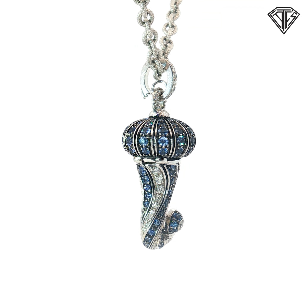 18k White Gold Round Sapphire and Round Diamond Shell Form Pomander Italian Pendant Necklace 1059 NA, Naples