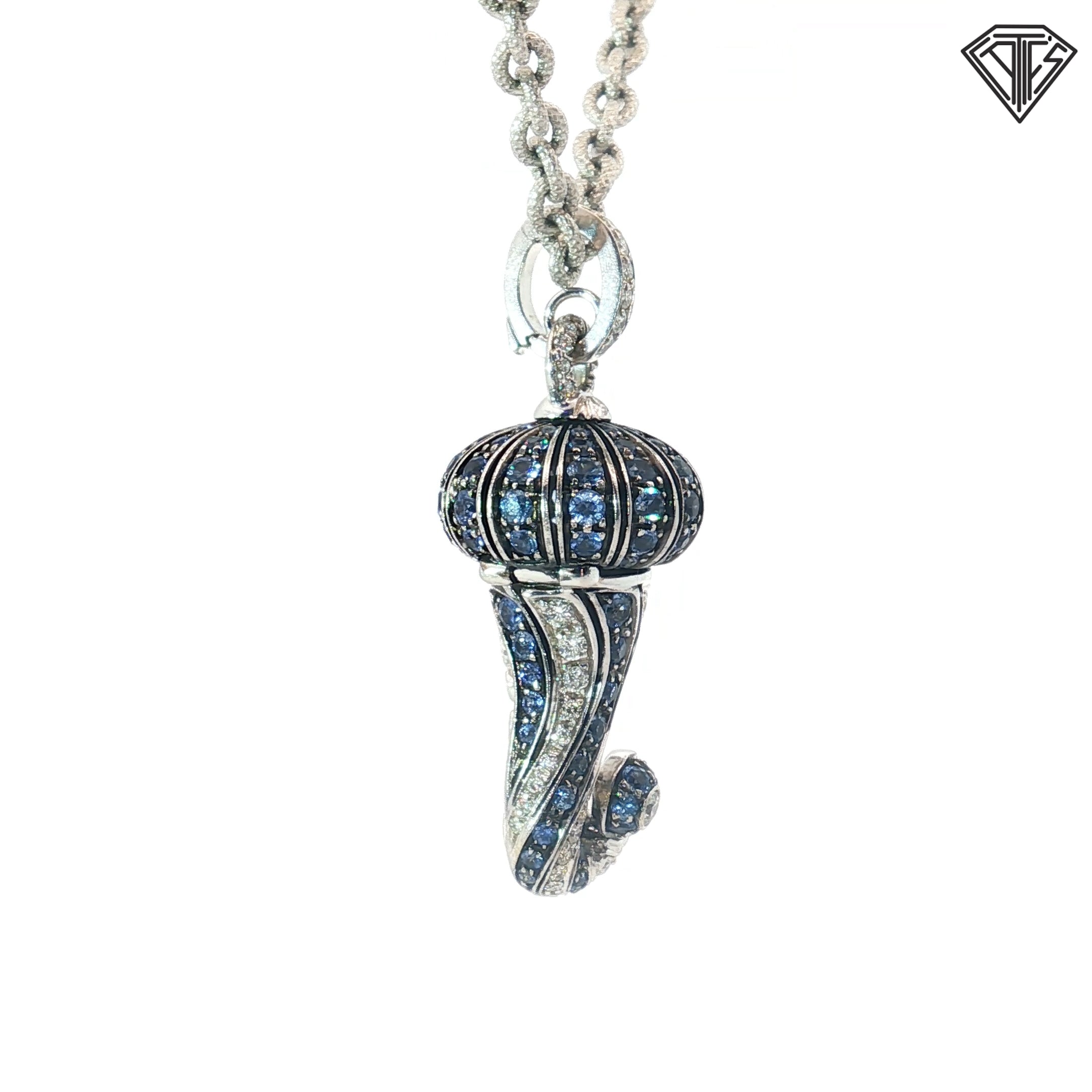 18k White Gold Round Sapphire and Round Diamond Shell Form Pomander Italian Pendant Necklace 1059 NA, Naples