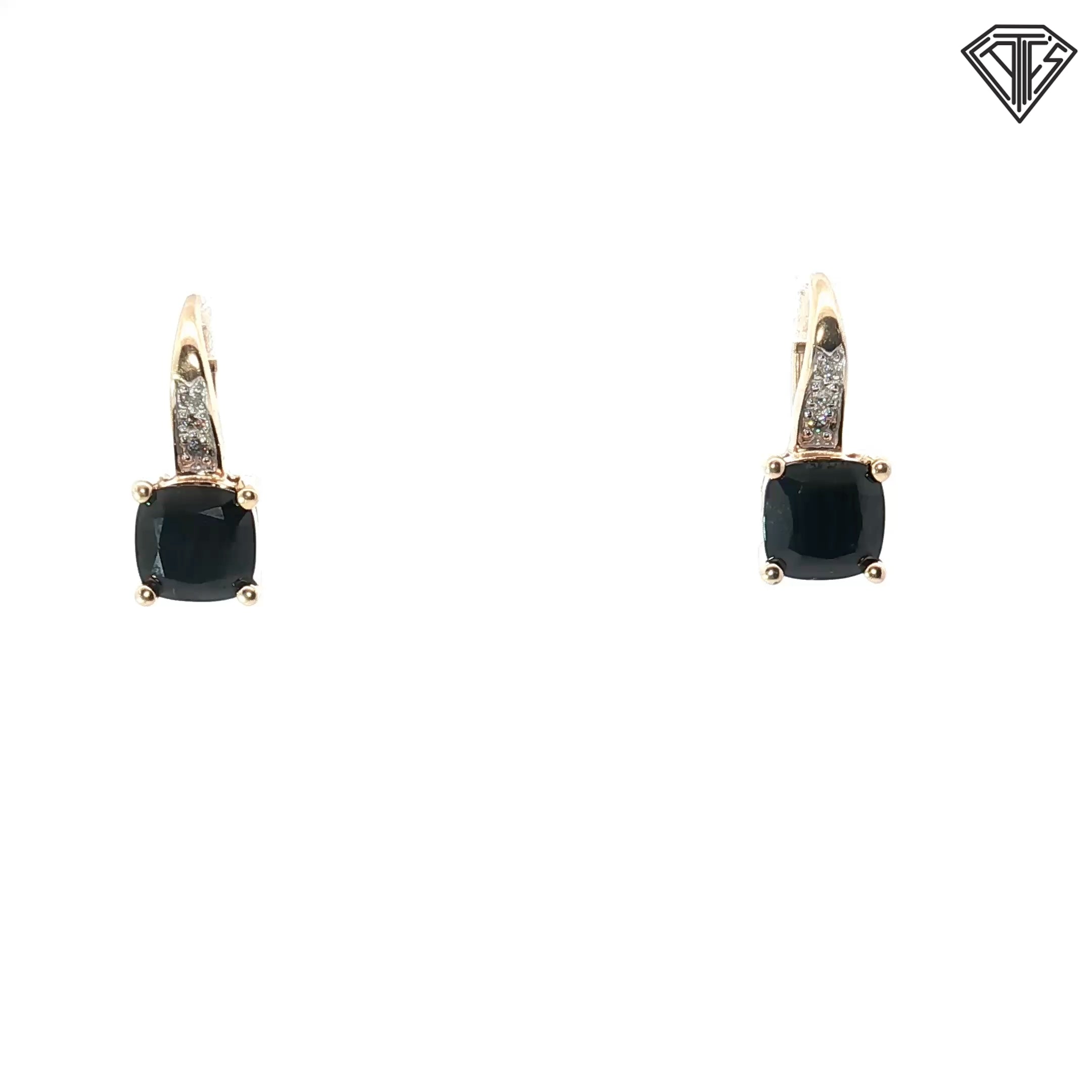 10k Yellow Gold Cushion Shape Onyx and Round Diamond Lever Back Earrings