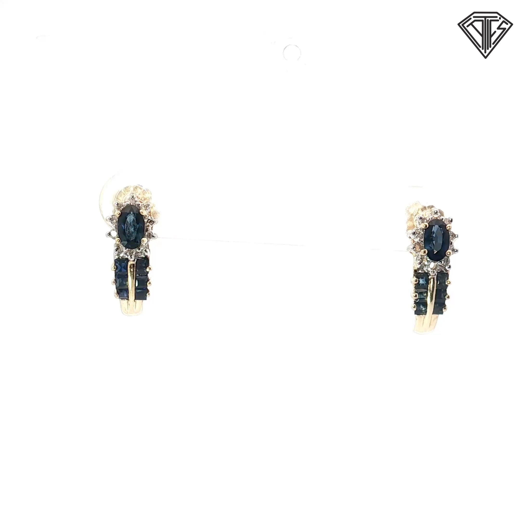 14k Yellow Gold 1.00ct Blue Sapphire Oval and Princess Cut Shape Total Weight / .10ct G SI1 Round Diamond Earrings