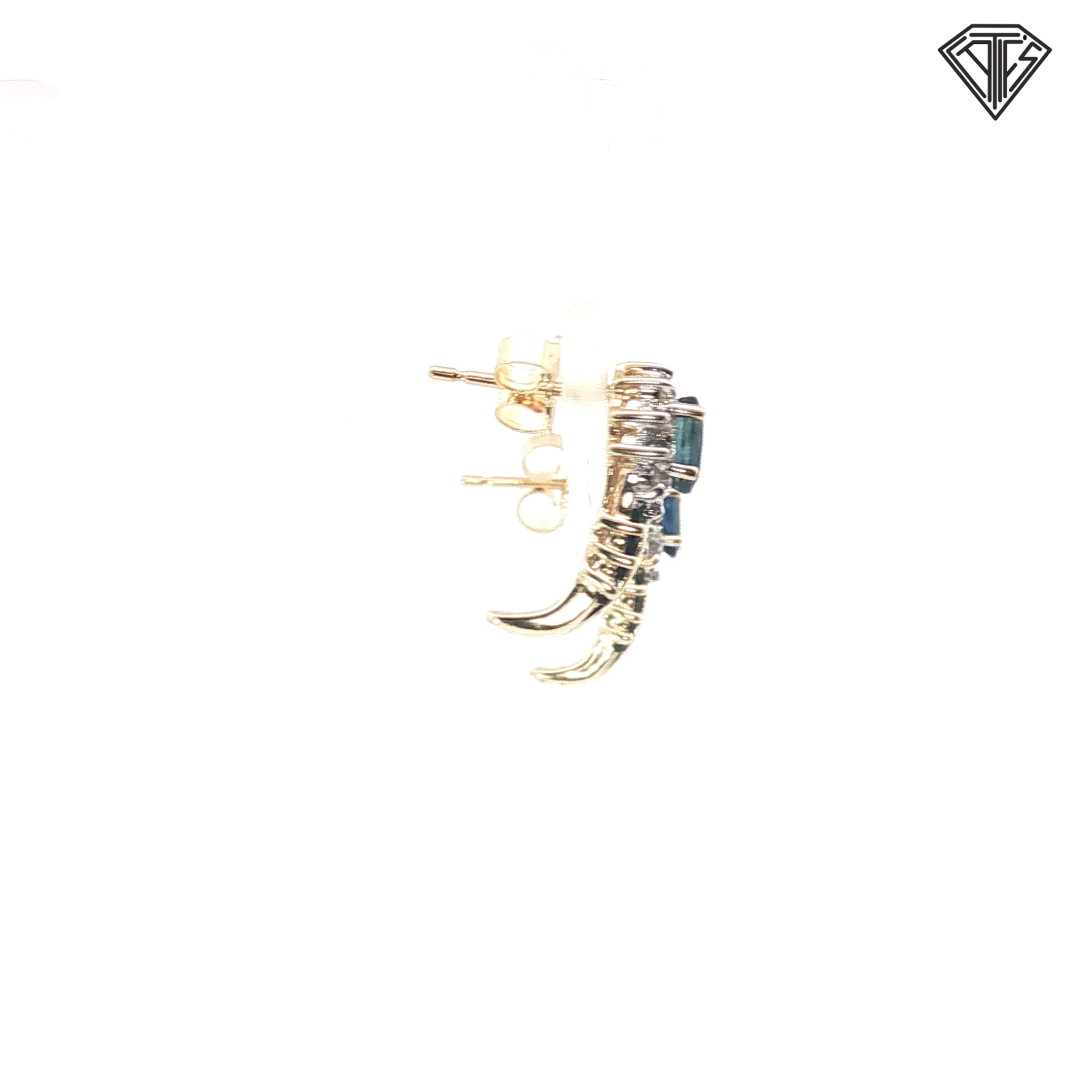 14k Yellow Gold 1.00ct Blue Sapphire Oval and Princess Cut Shape Total Weight / .10ct G SI1 Round Diamond Earrings