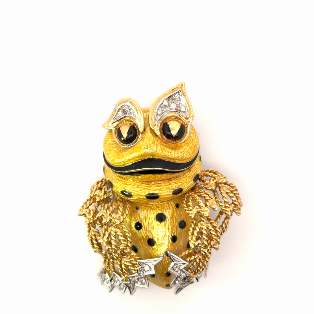 18k Yellow Gold Animalier Frog Brooch, executed with hand-Textured gold, Diamond accents, Black Enamel detailing and articulated Rope-Chain Arms, Circa 1970's-1980's