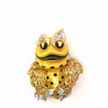 18k Yellow Gold Animalier Frog Brooch, executed with hand-Textured gold, Diamond accents, Black Enamel detailing and articulated Rope-Chain Arms, Circa 1970's-1980's