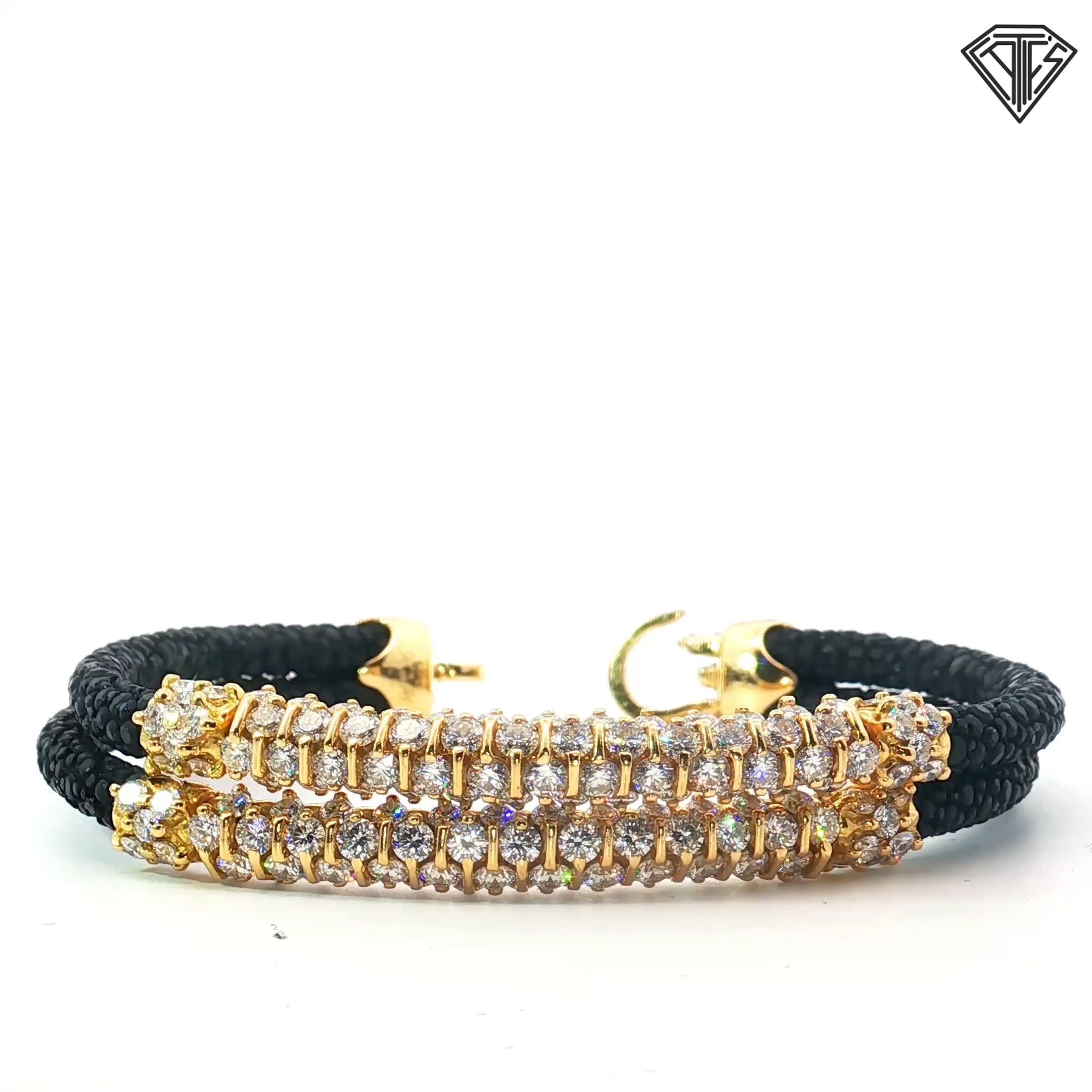 18k Yellow Gold 9.00ct (4) Rows of (66)Round Colorless Diamond with Black Stingray Leather Bracelet Deign By Sting HD Italian