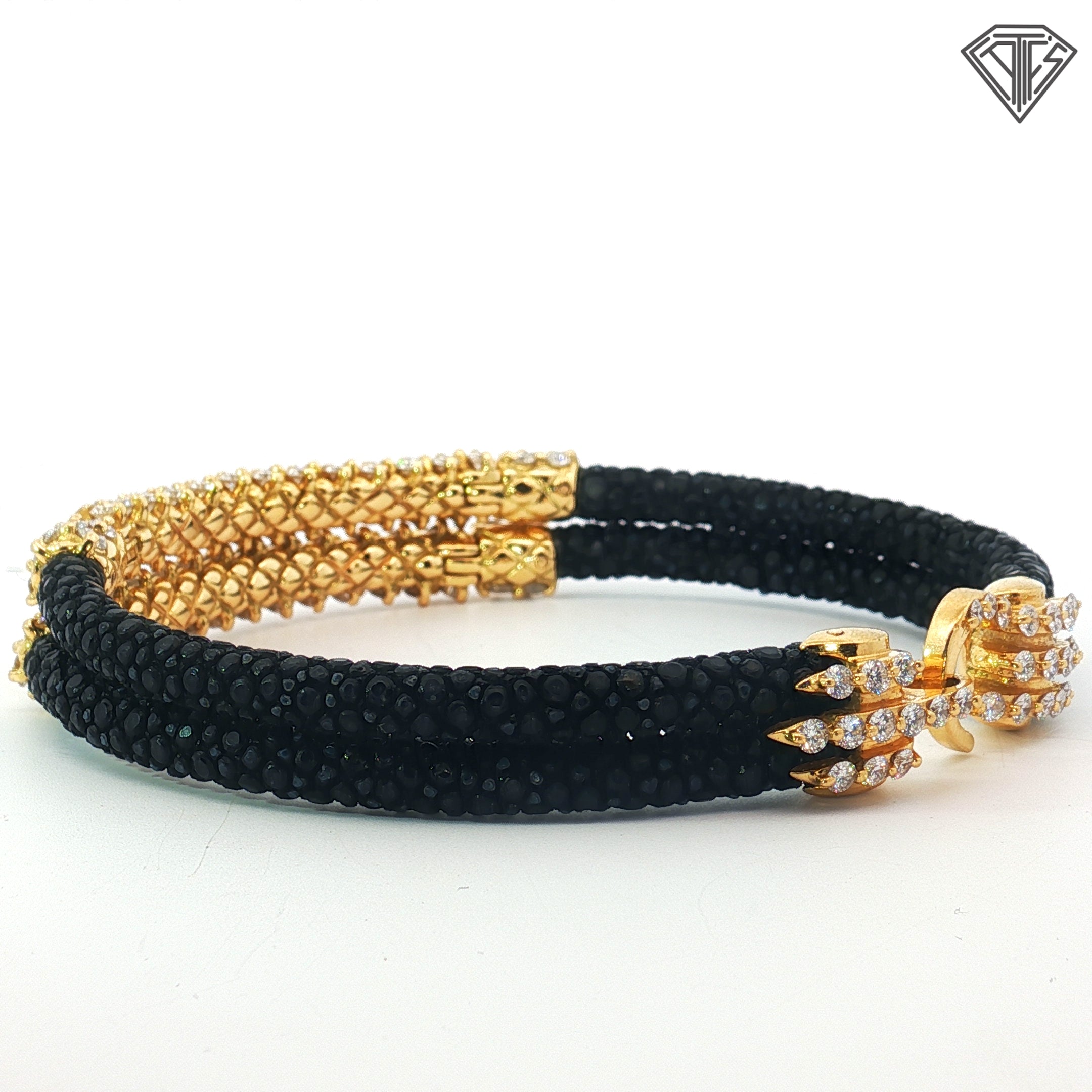 18k Yellow Gold 9.00ct (4) Rows of (66)Round Colorless Diamond with Black Stingray Leather Bracelet Deign By Sting HD Italian