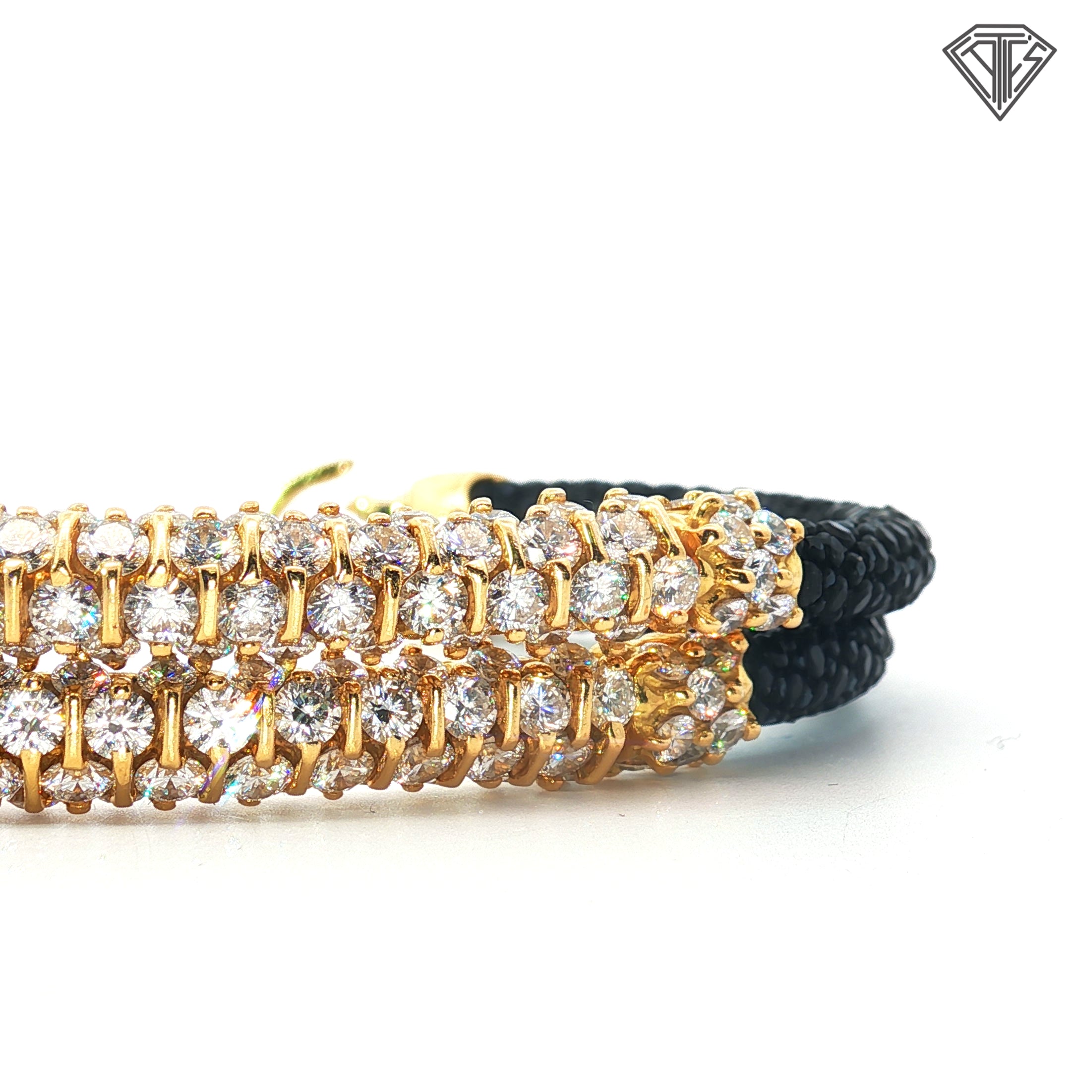 18k Yellow Gold 9.00ct (4) Rows of (66)Round Colorless Diamond with Black Stingray Leather Bracelet Deign By Sting HD Italian