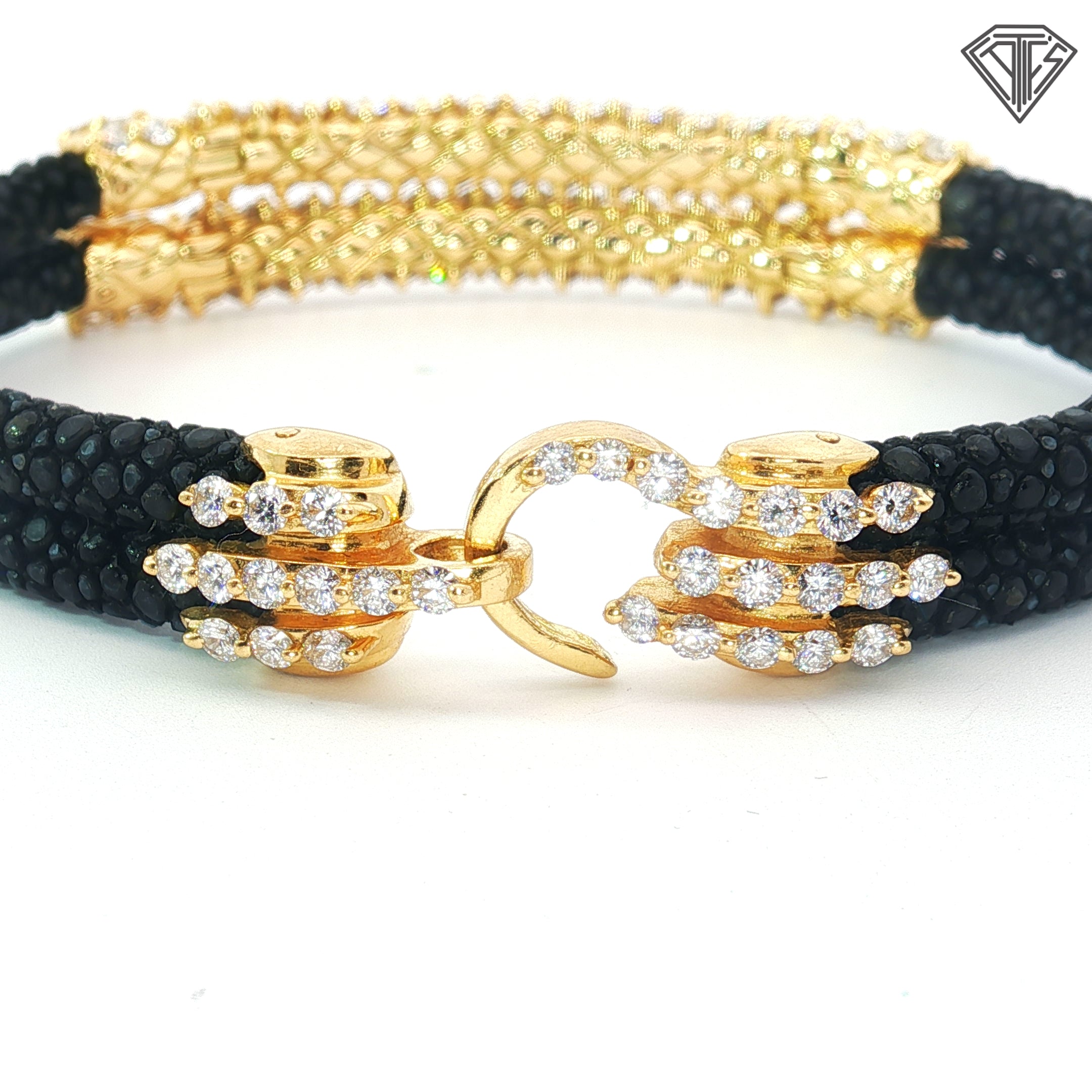 18k Yellow Gold 9.00ct (4) Rows of (66)Round Colorless Diamond with Black Stingray Leather Bracelet Deign By Sting HD Italian
