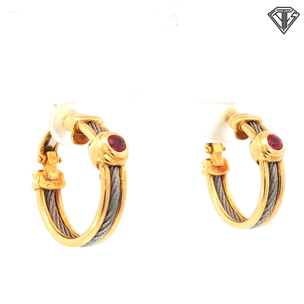 18k Two Tone Round Ruby Cable Hoop Earrings 11.1 gram