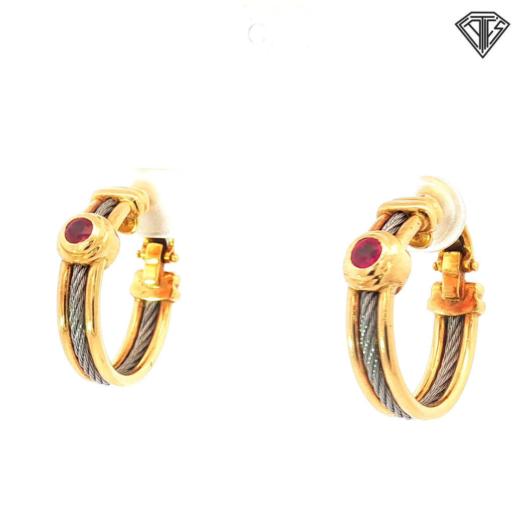 18k Two Tone Round Ruby Cable Hoop Earrings 11.1 gram