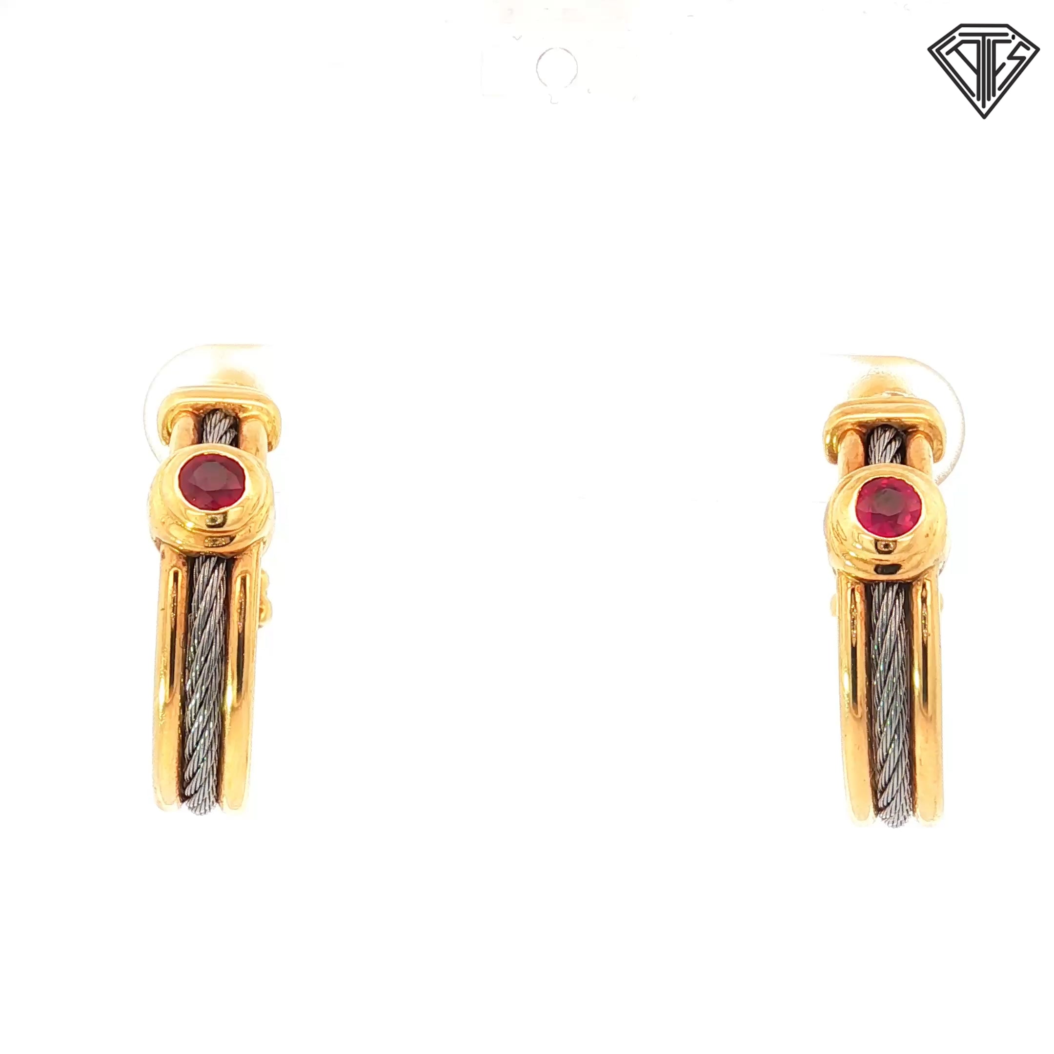 18k Two Tone Round Ruby Cable Hoop Earrings 11.1 gram