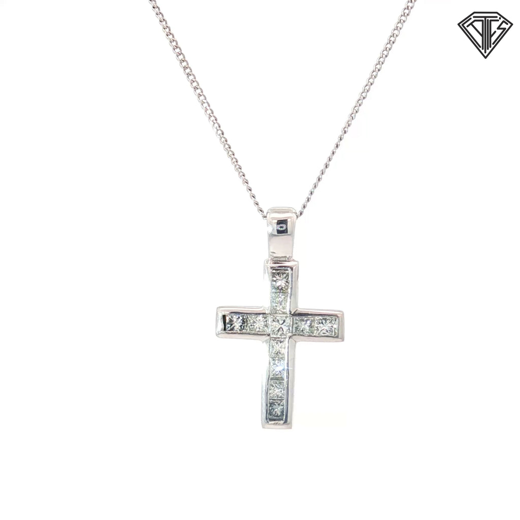 18k White Gold .60ct G VS2 princess Diamond cross/ 14k White Gold Necklace .90 gram 16"inch