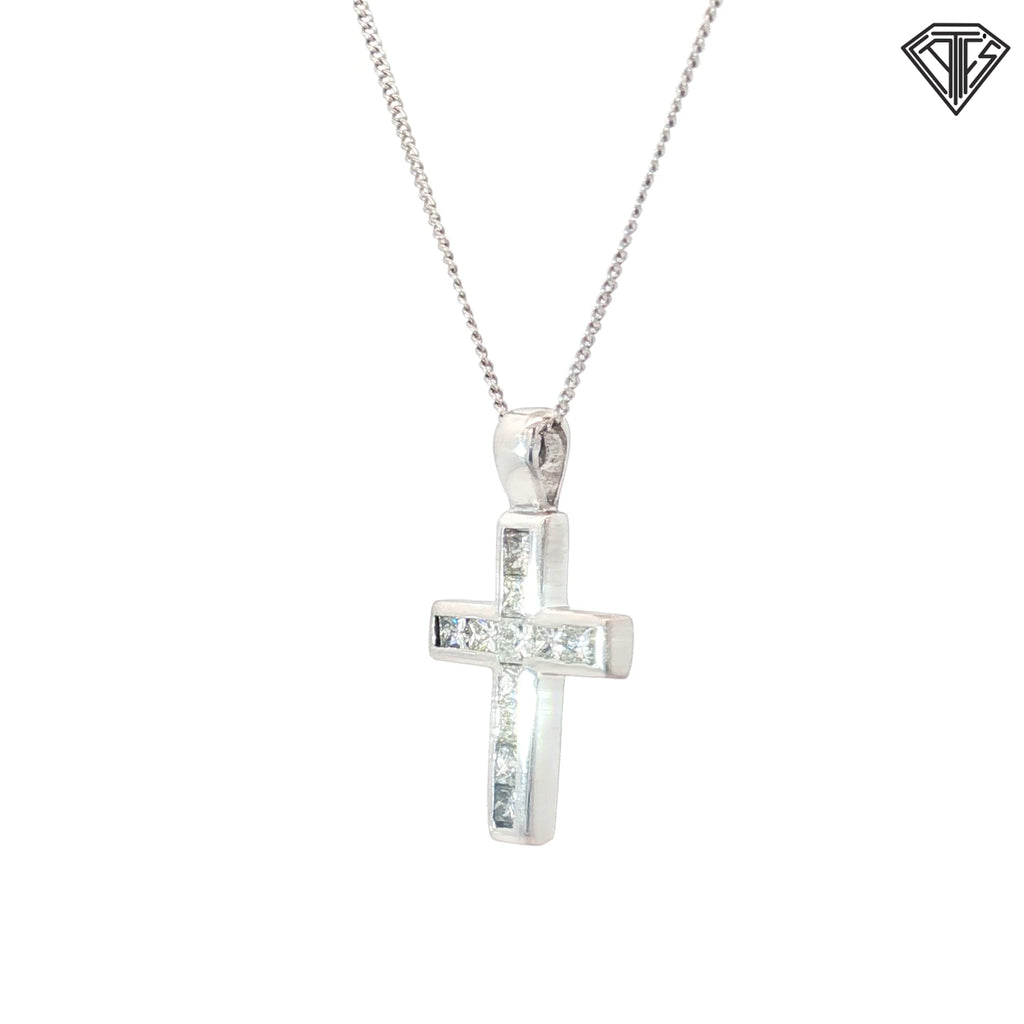 18k White Gold .60ct G VS2 princess Diamond cross/ 14k White Gold Necklace .90 gram 16"inch