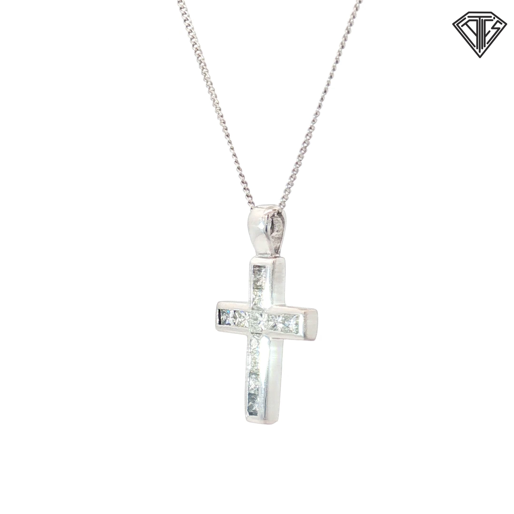 18k White Gold .60ct G VS2 princess Diamond cross/ 14k White Gold Necklace .90 gram 16"inch