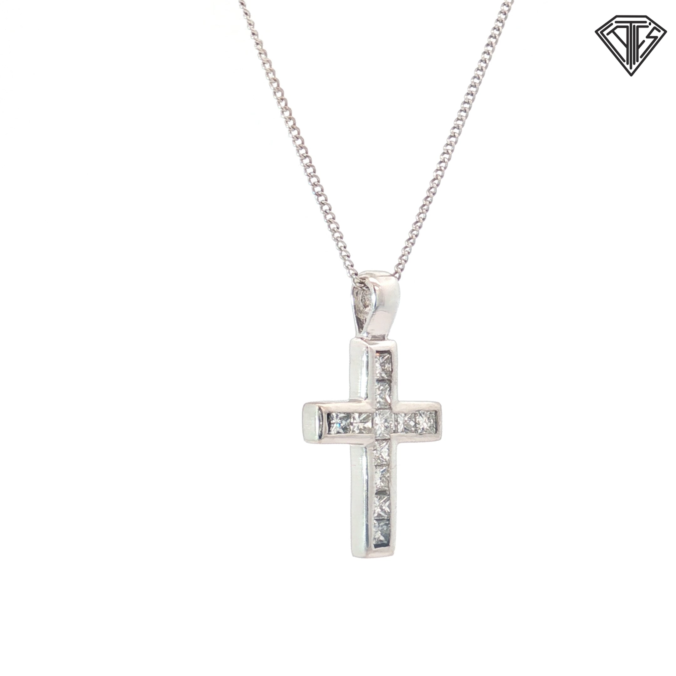 18k White Gold .60ct G VS2 princess Diamond cross/ 14k White Gold Necklace .90 gram 16"inch