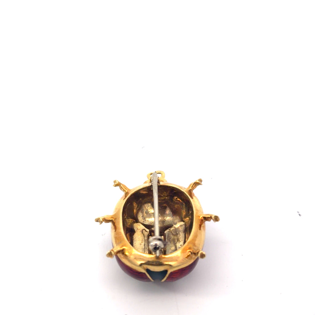 18k Yellow Gold Vintage Guilloche Enamel Lady Bug Brooch/ Pin Italian 15.5 gram
