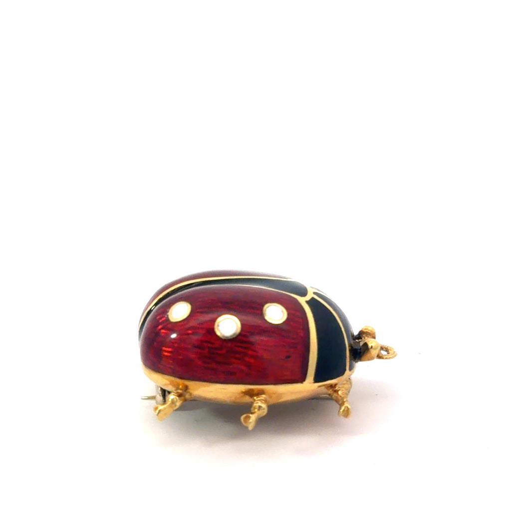 18k Yellow Gold Vintage Guilloche Enamel Lady Bug Brooch/ Pin Italian 15.5 gram