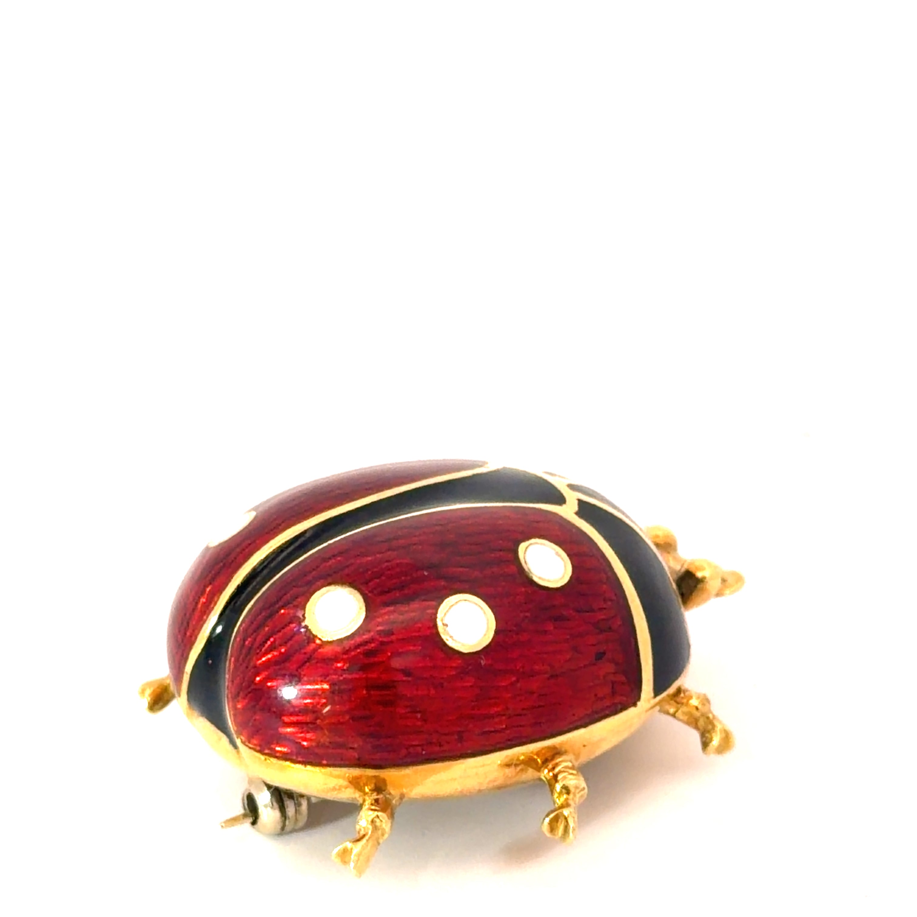 18k Yellow Gold Vintage Guilloche Enamel Lady Bug Brooch/ Pin Italian 15.5 gram